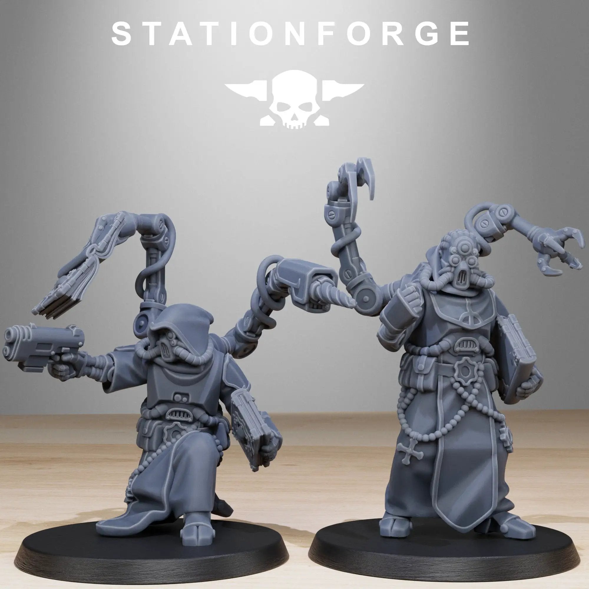 Three 3D printed Scavenger Monks miniatures by Last Hope Miniatures for StationForge, featuring detailed robes and scavenger gear.