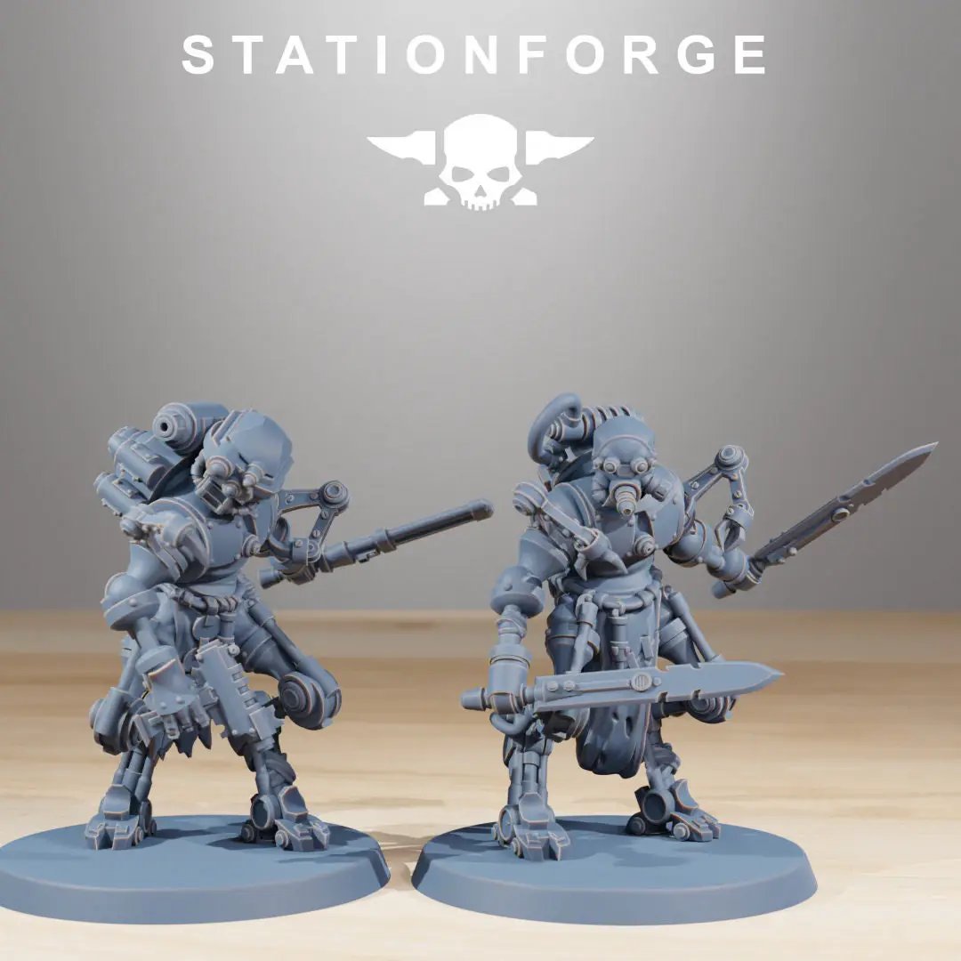 Set of 10 3D printed scavenger runner miniatures by Last Hope Miniatures for StationForge, shown in detailed gray resin.