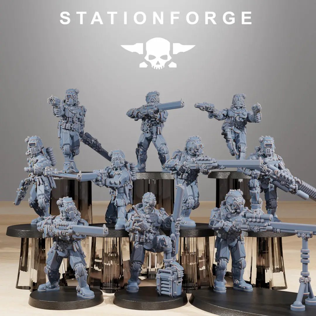 Set of ten 3D printed Scavenger Security Patrol miniatures by Last Hope Miniatures for StationForge, detailed sci-fi figures.