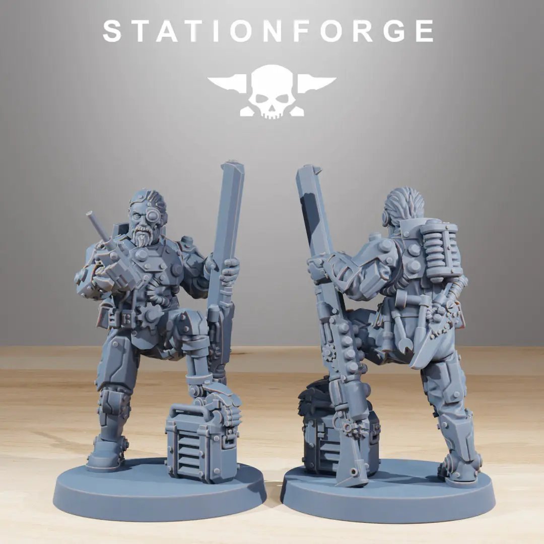 Three 3D printed scavenger security patrol miniatures by Last Hope Miniatures for StationForge, detailed figures on a white background.
