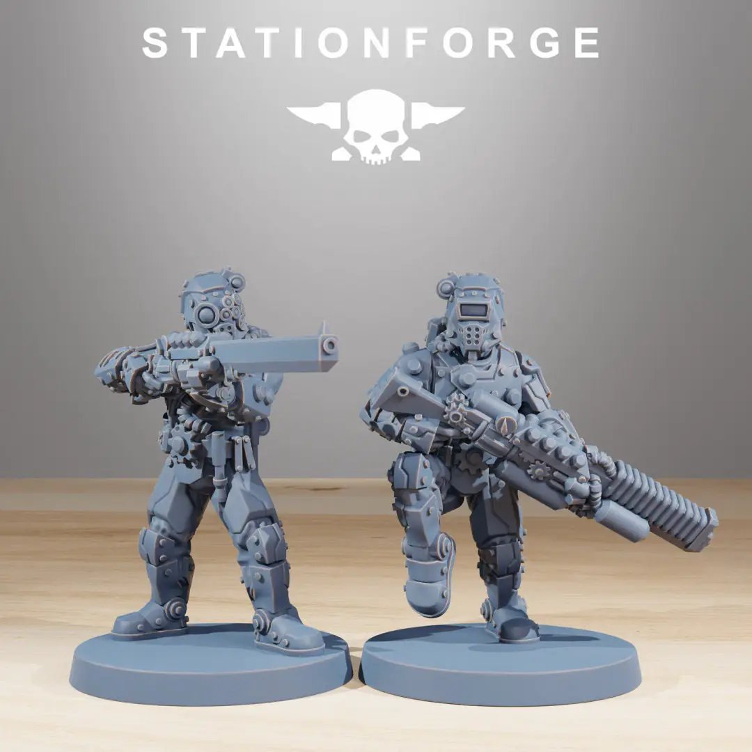 Set of ten 3D printed Scavenger Security Patrol miniatures by Last Hope Miniatures for StationForge tabletop gaming.