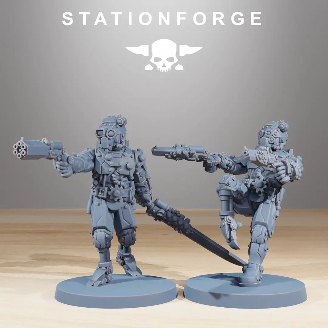 Three 3D printed Scavenger Security Patrol miniatures by Last Hope Miniatures for StationForge, shown in detailed angles.