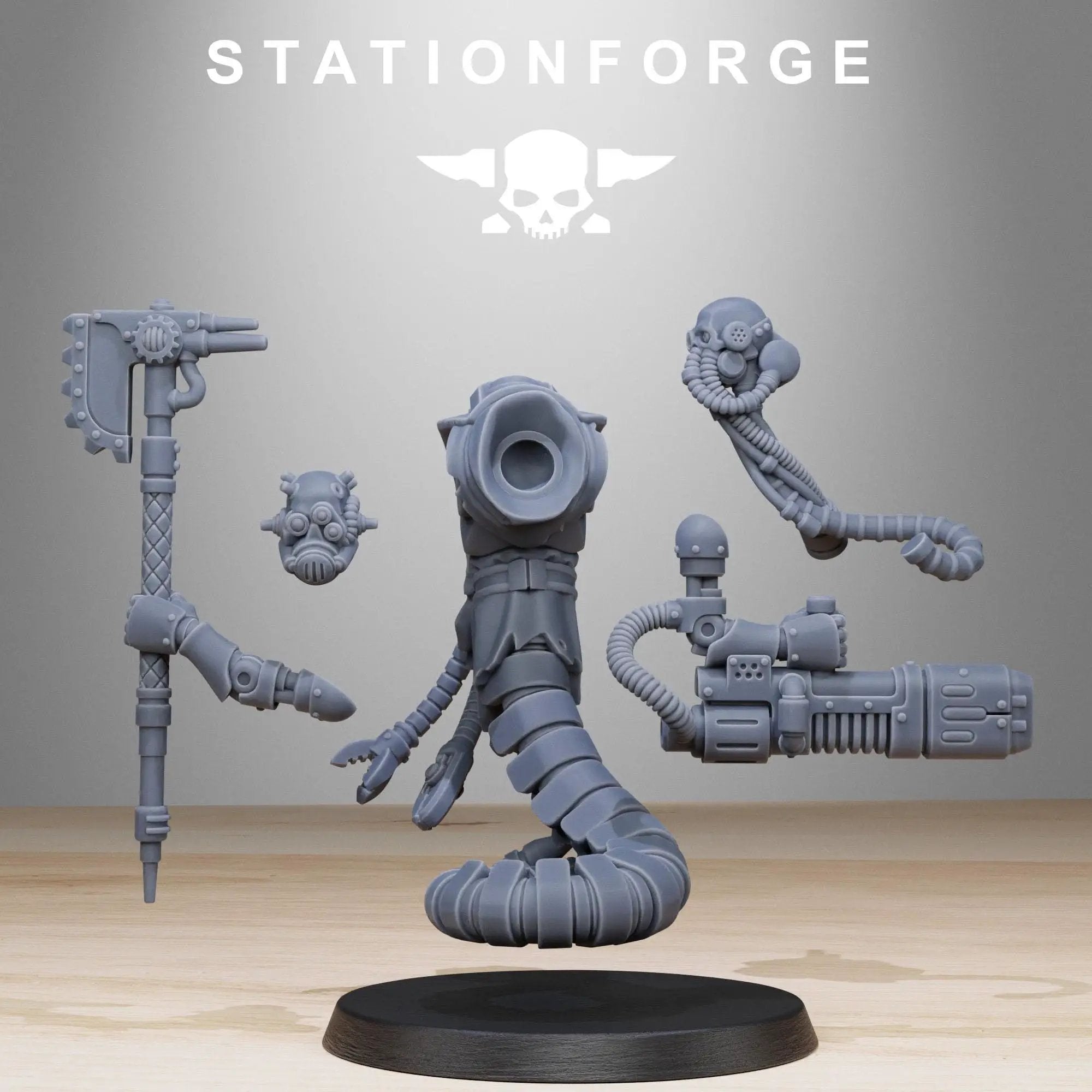 3D printed Scavenger Serpents miniatures by Last Hope Miniatures from StationForge, featuring detailed serpent designs on a dark background.