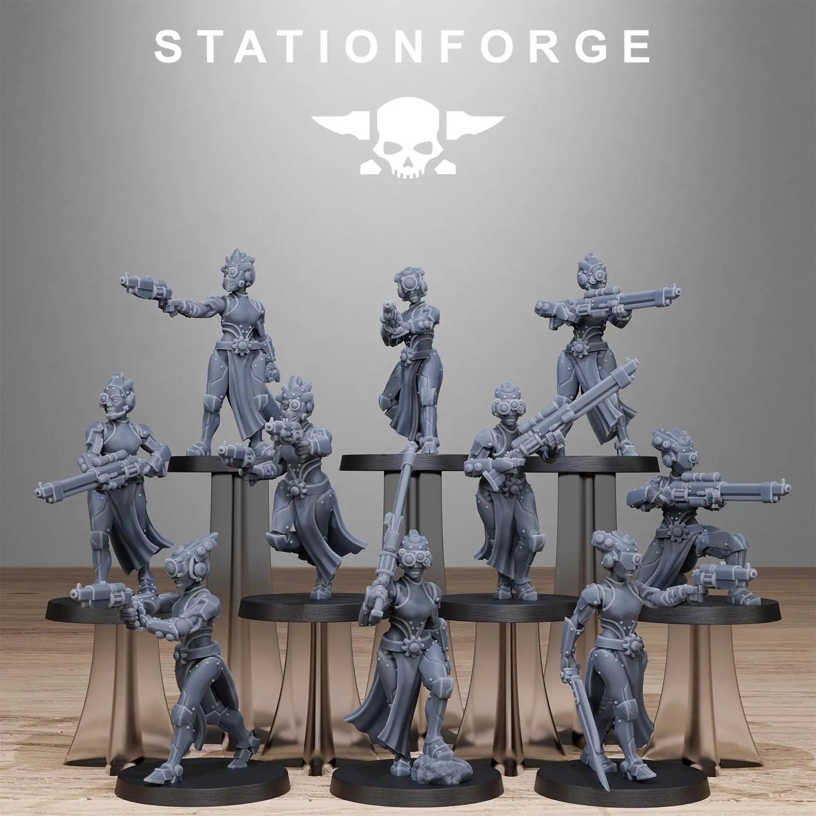 Three-dimensional printed Scavenger Sisters miniatures by StationForge, part of the Last Hope Miniatures collection, shown in detailed close-up.