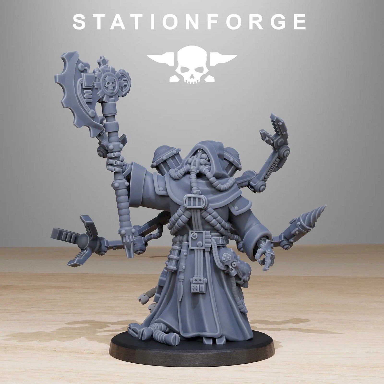 3D printed Scavenger SynthPriest miniature by StationForge for Last Hope Miniatures, showing detailed sci-fi character with cybernetic features.