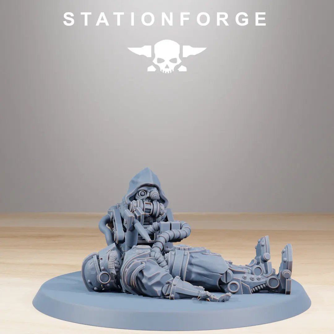 3D printed wounded scavenger miniature with x8 figures by Last Hope Miniatures, detailed post-apocalyptic character design.