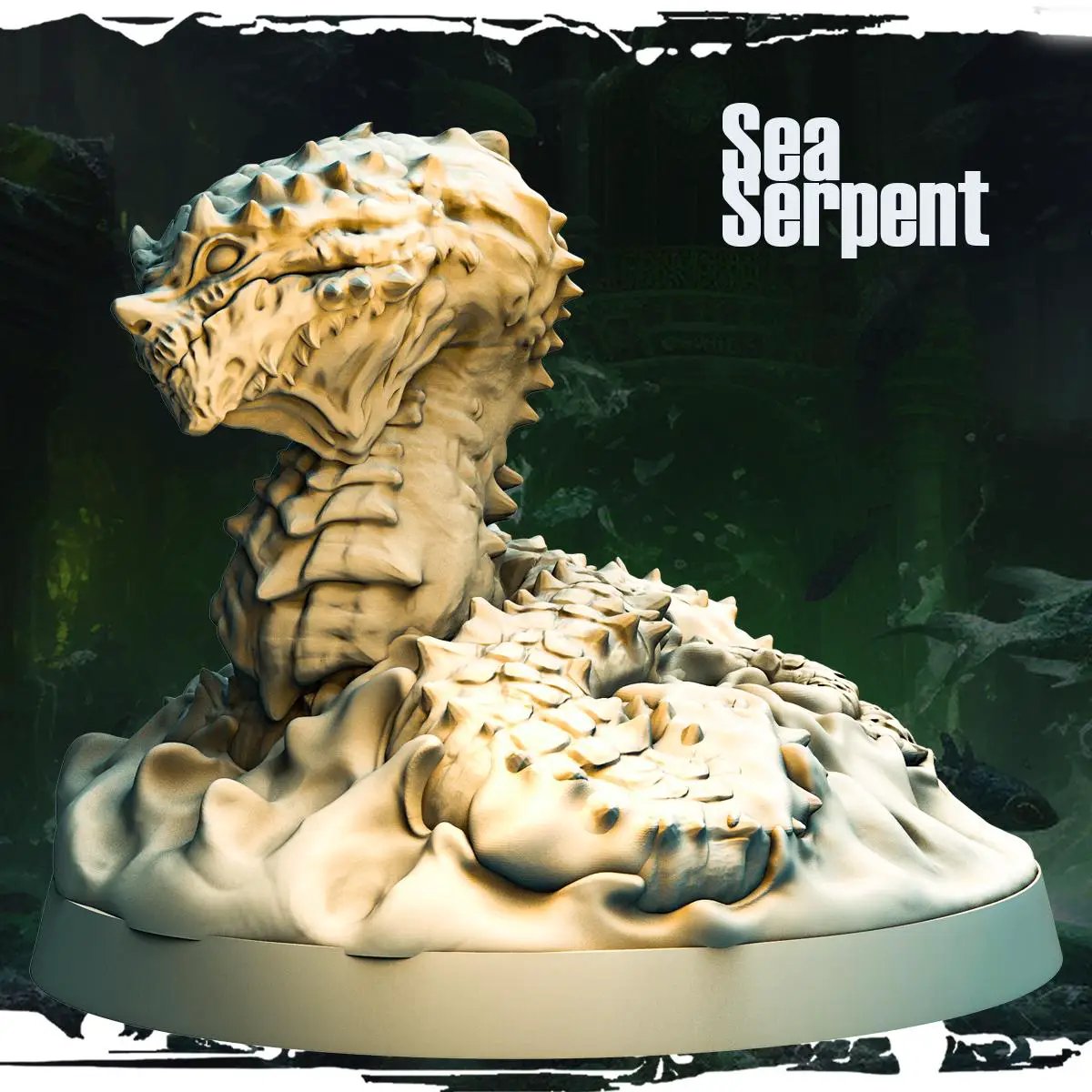 3D printed sea serpent miniature by Last Hope Miniatures for Monolith Arts, detailed aquatic creature in blue and green tones.
