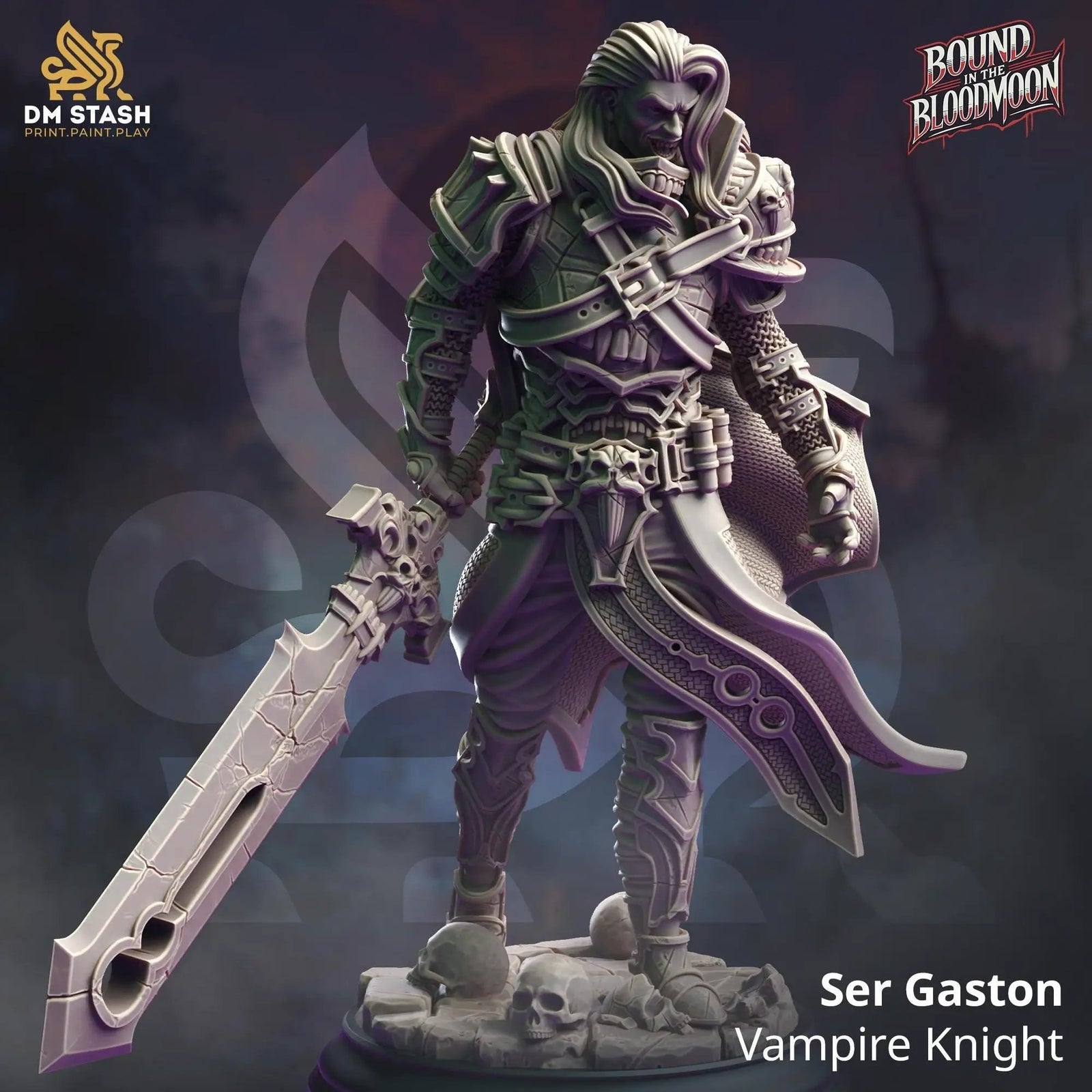 3D printed Ser Gaston vampire knight miniature by DM Stash from Last Hope Miniatures, featuring detailed vampire armor and weapon.