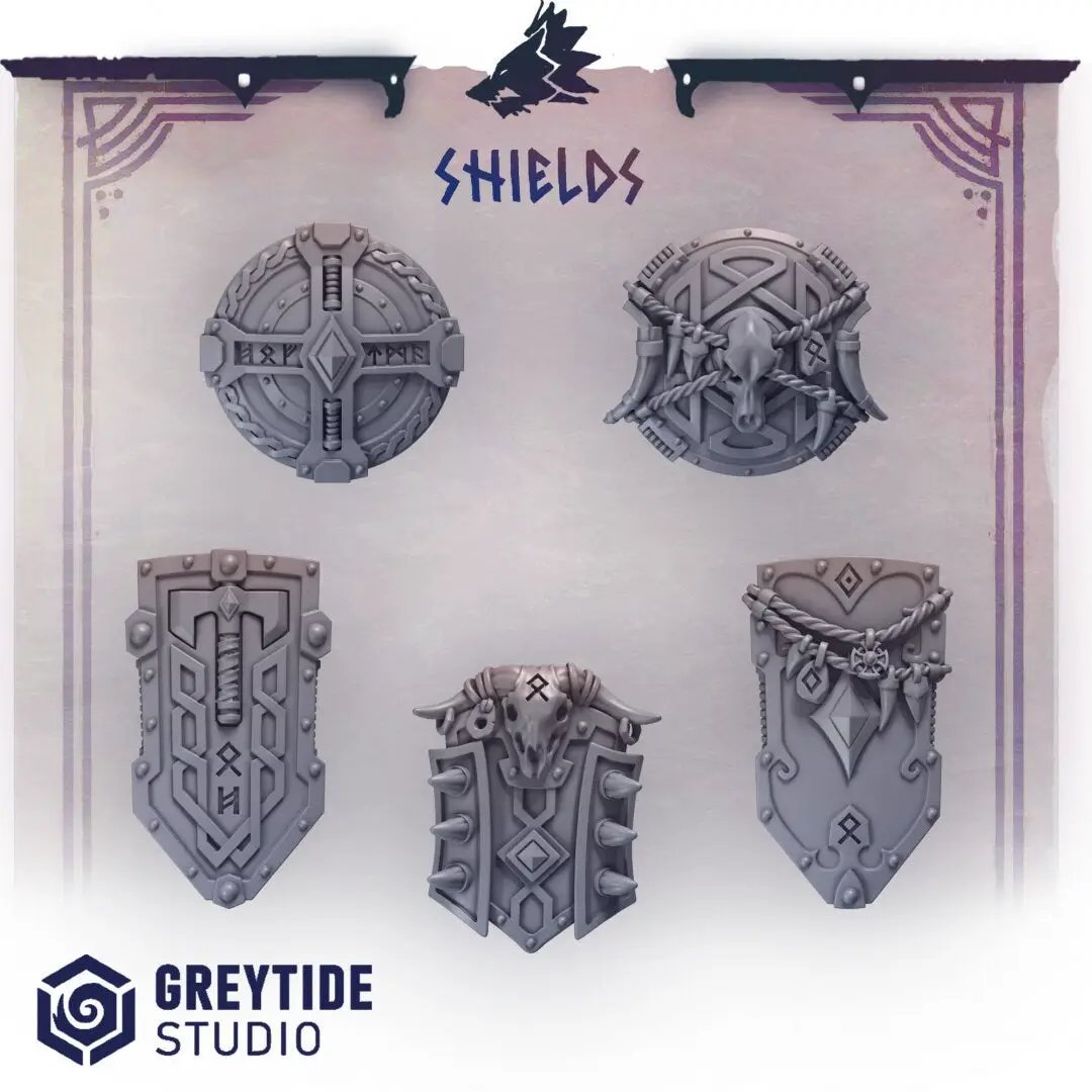 Set of ten 3D printed shields by Last Hope Miniatures for tabletop gaming, featuring detailed armor designs by Greytide Studio.