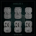 Six 3D printed shields by Last Hope Miniatures for Greytide Studio, detailed medieval-style designs on each shield.