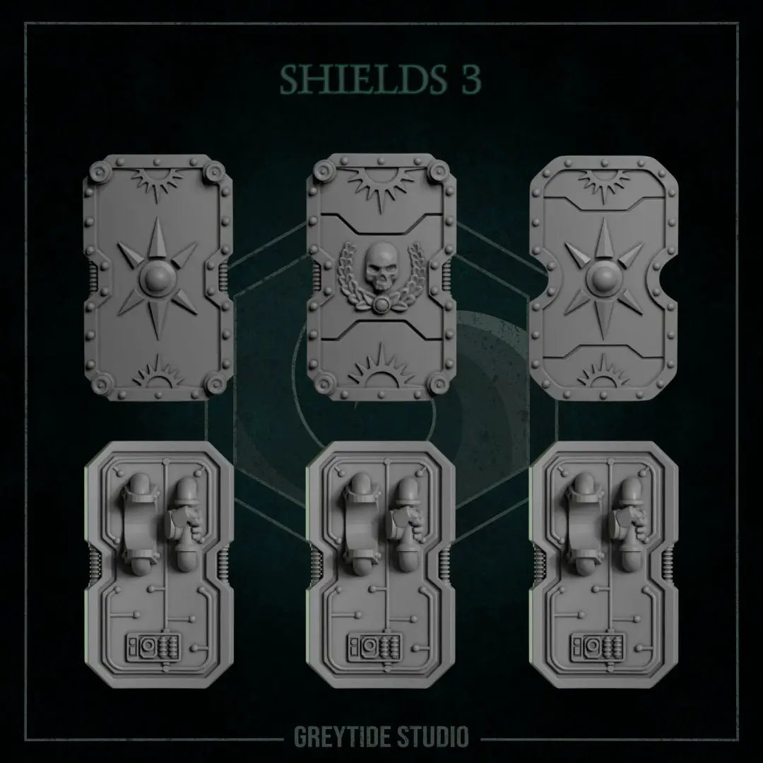 Six 3D printed shields by Last Hope Miniatures for Greytide Studio, detailed medieval-style designs on each shield.