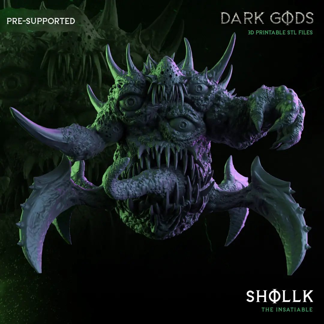 3D printed Shollk the Insatiable miniature by Dark Gods, crafted by Last Hope Miniatures, showcasing intricate details and dark fantasy design.