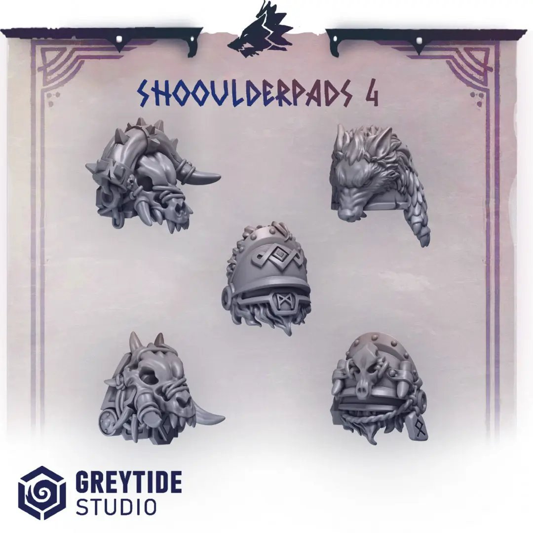 Set of 10 3D printed shoulder pads by Greytide Studio for Last Hope Miniatures tabletop figures, detailed and customizable.