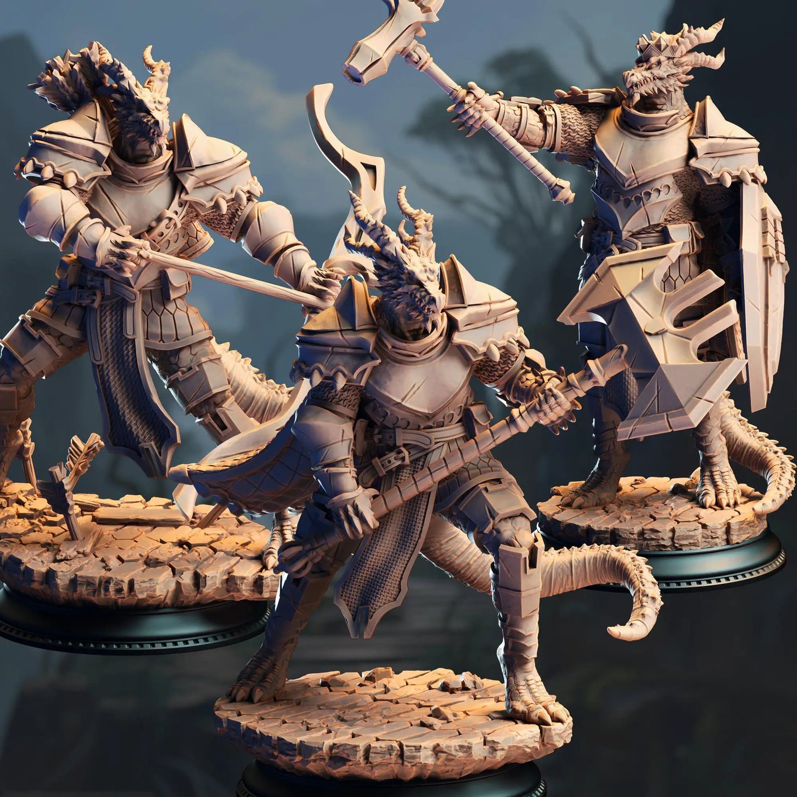 Three 3D printed Silver Dragonborn Knights miniatures by Last Hope Miniatures for tabletop gaming, shown in detailed silver finish.