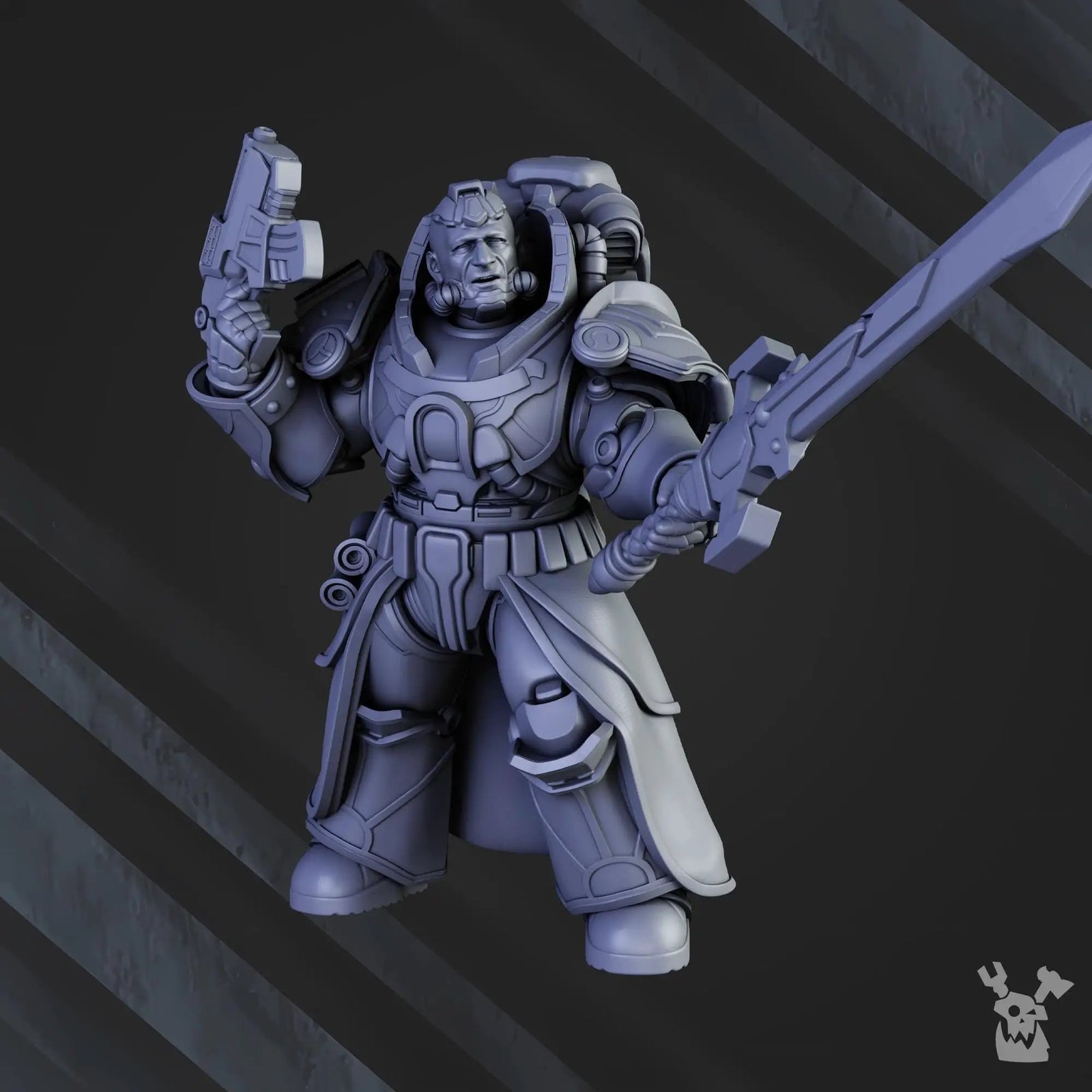 3D printed Sir Laurence the Protector miniature by DakkaDakka Miniatures, showing detailed armor and heroic stance on a base.