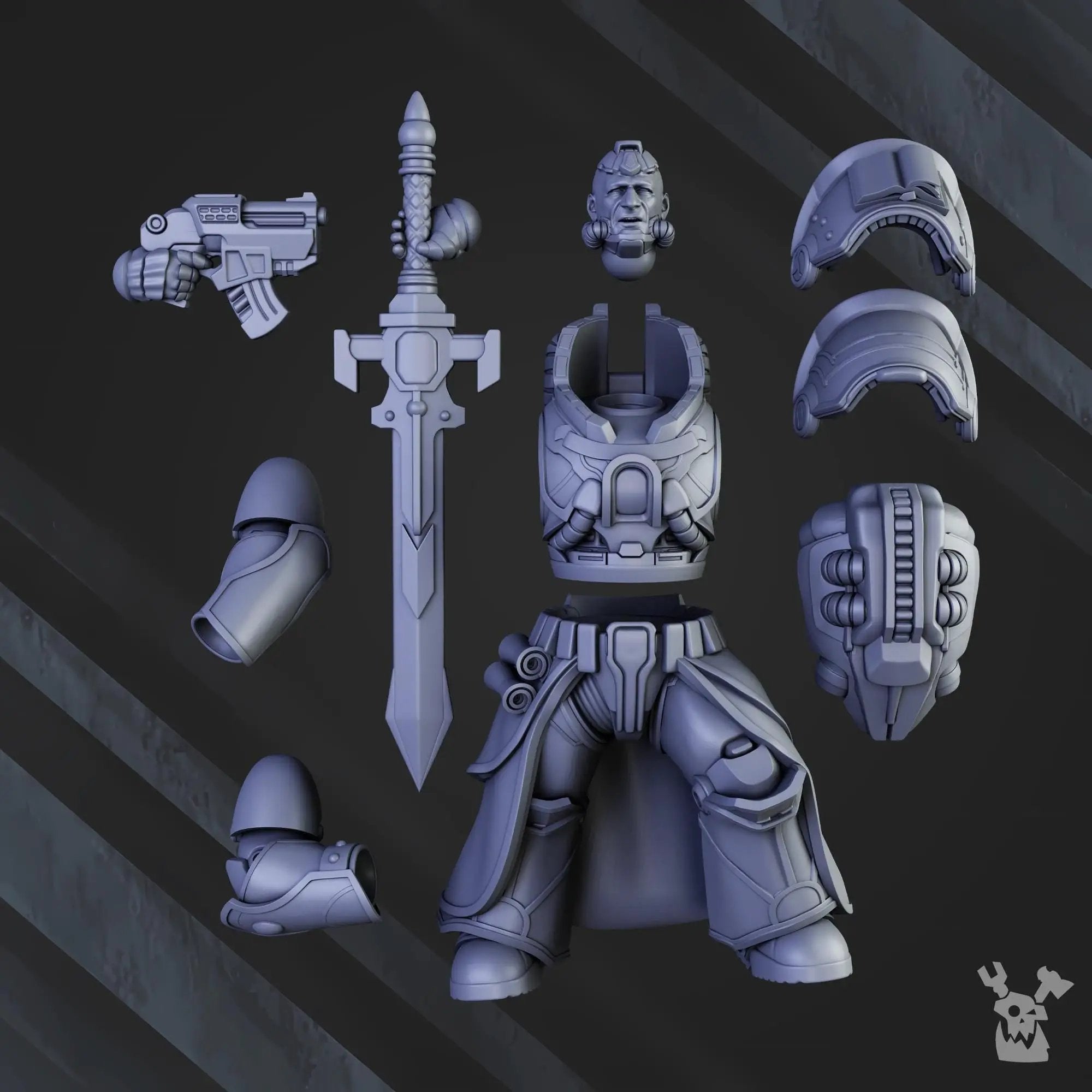 3D printed Sir Laurence the Protector miniature by DakkaDakka Miniatures, detailed figure with armor and shield from Last Hope Miniatures.