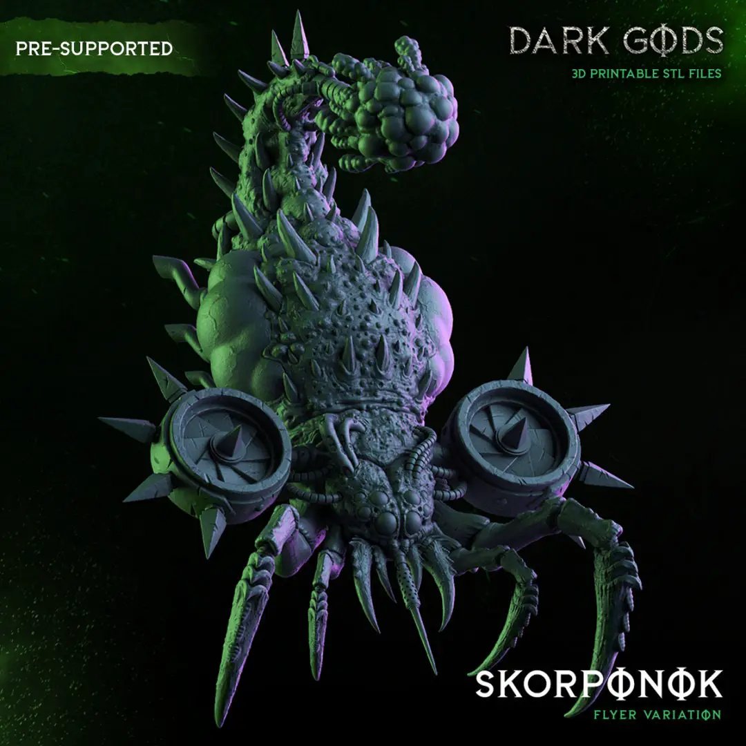 3D printed Skorponok Flyer from Dark Gods Miniatures, created by Last Hope Miniatures, detailed model with intricate design.