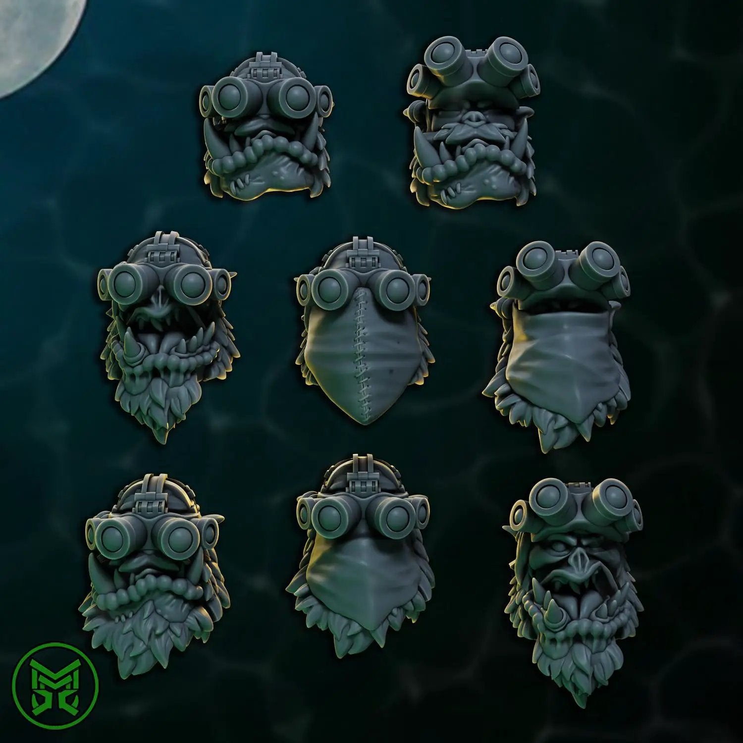 Six 3D printed Sneaky Pirate Orc Pistoleers miniatures by Mekka Miniatures, featuring detailed pirate orc figures with pistols.