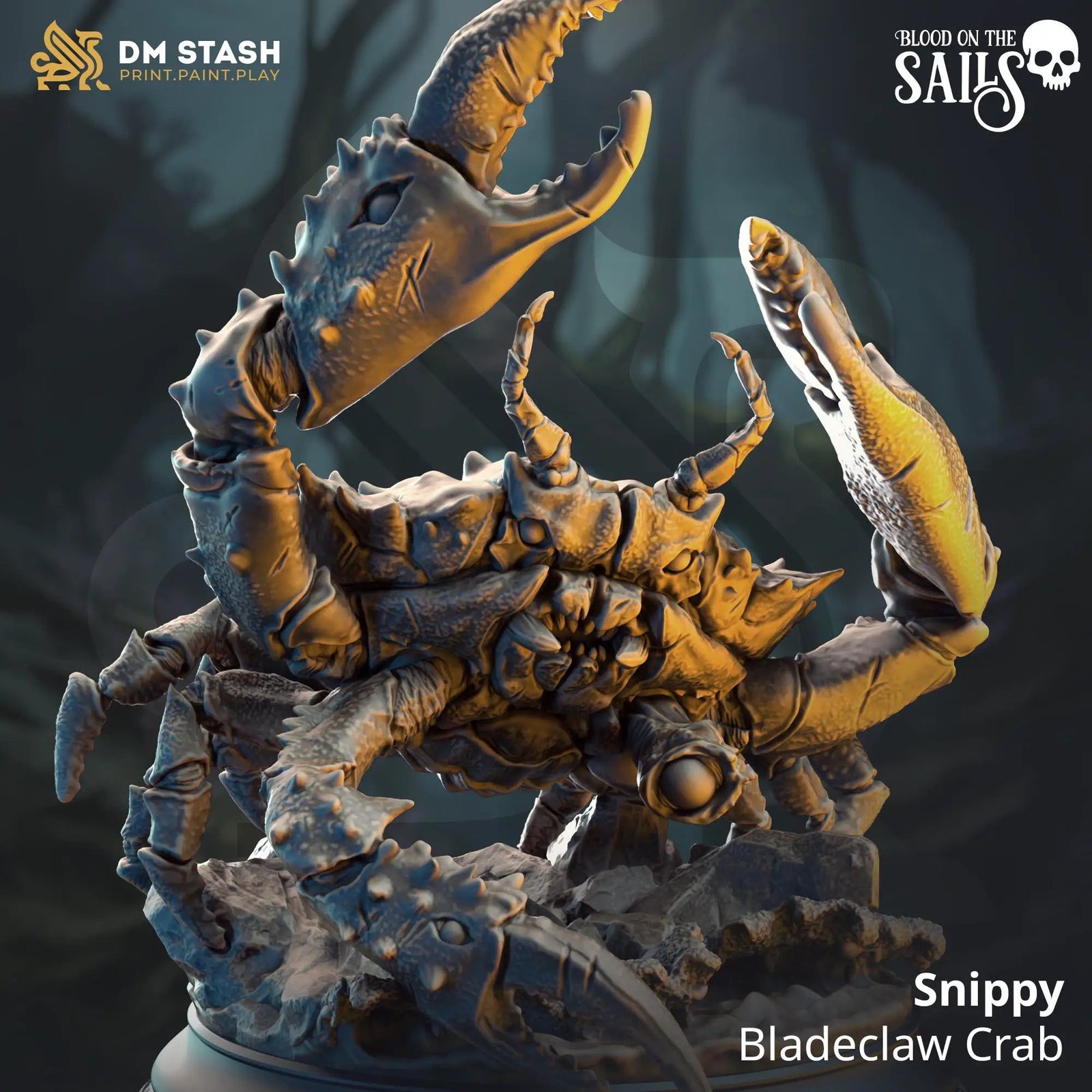 3D printed Snippy the Bladeclaw Crab miniature by Last Hope Miniatures, showcasing detailed crab with sharp claws on a textured base.