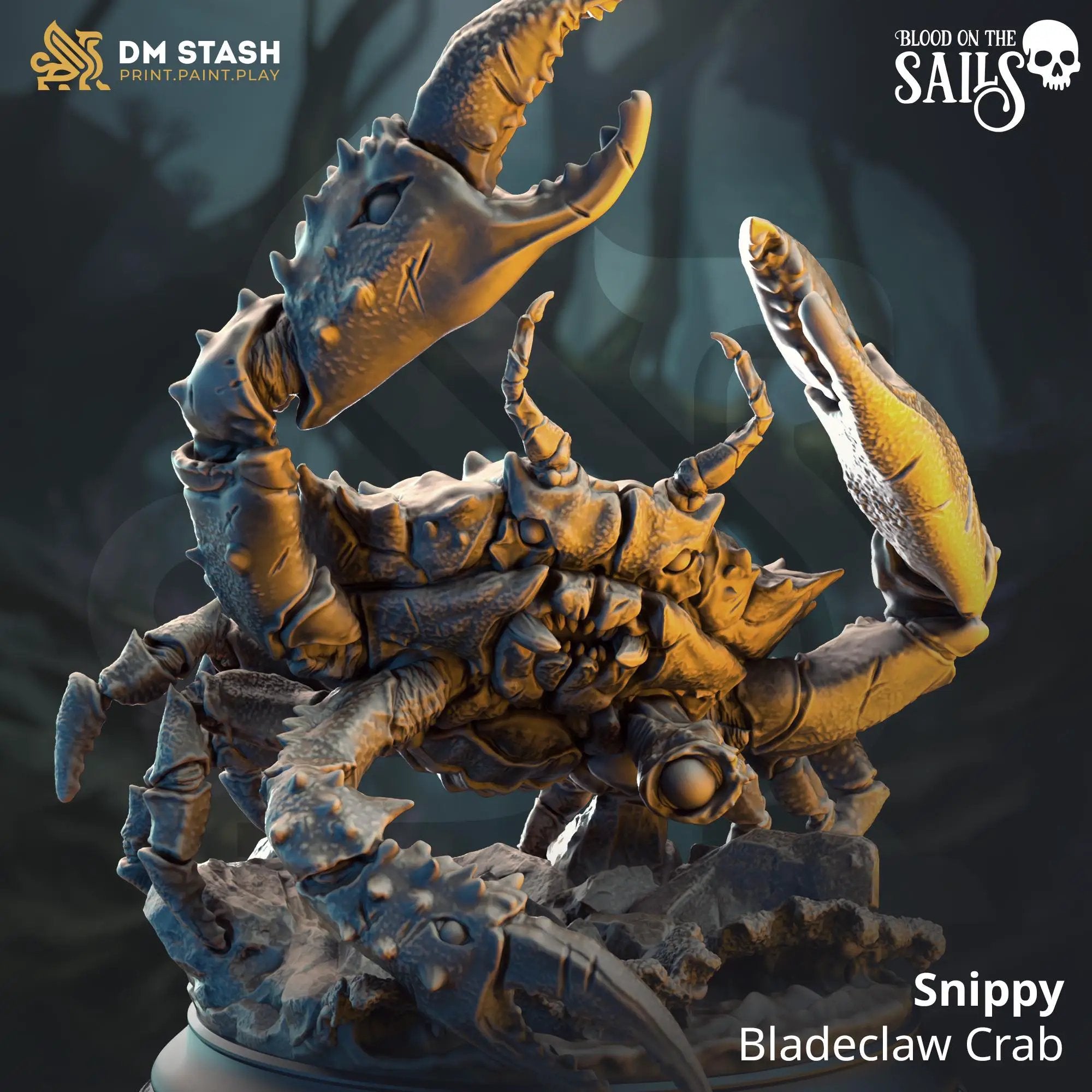3D printed Snippy the Bladeclaw Crab miniature by Last Hope Miniatures, showcasing detailed crab with sharp claws on a textured base.