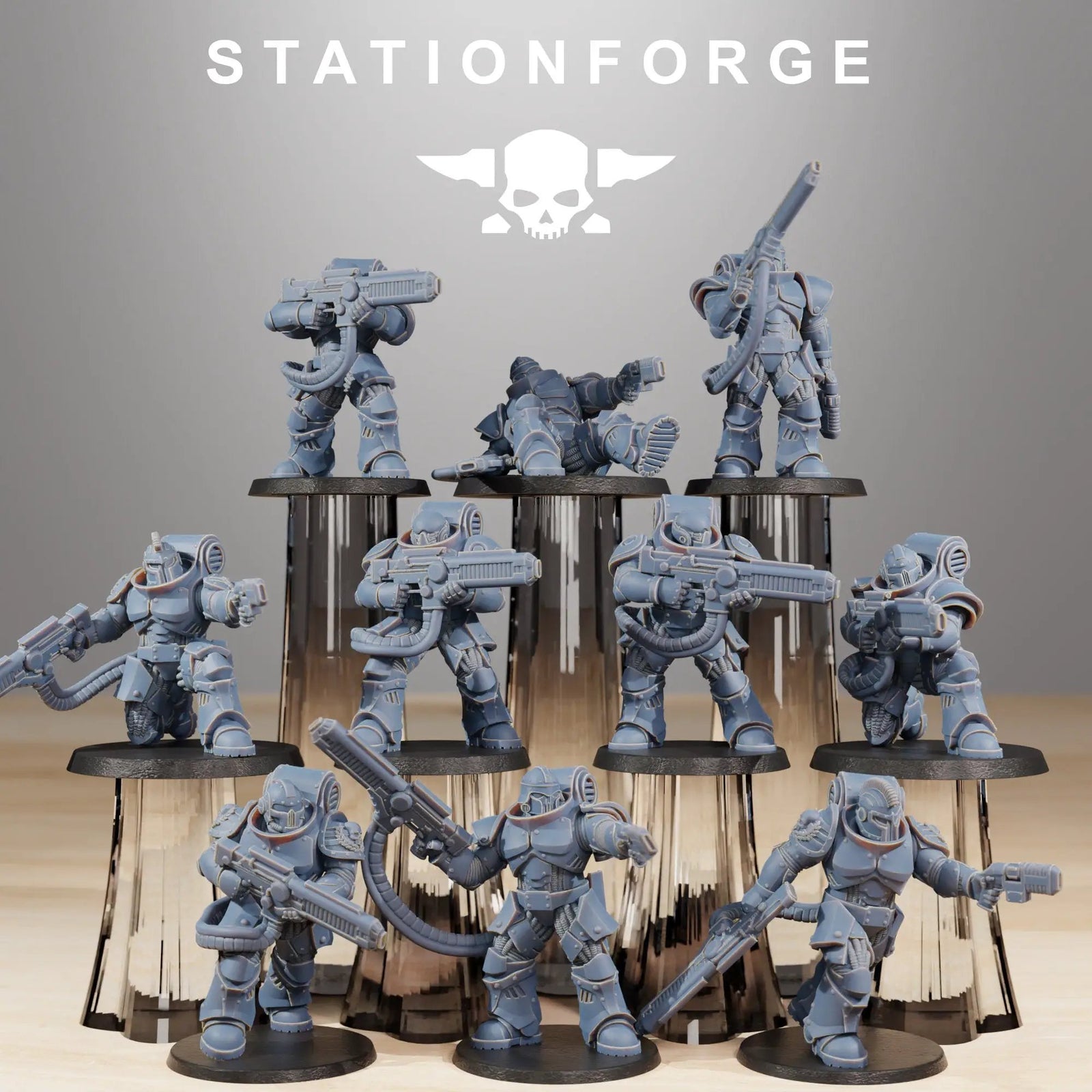 3D printed Socratis Exterminators miniatures by Last Hope Miniatures, detailed sci-fi models from StationForge Miniatures.