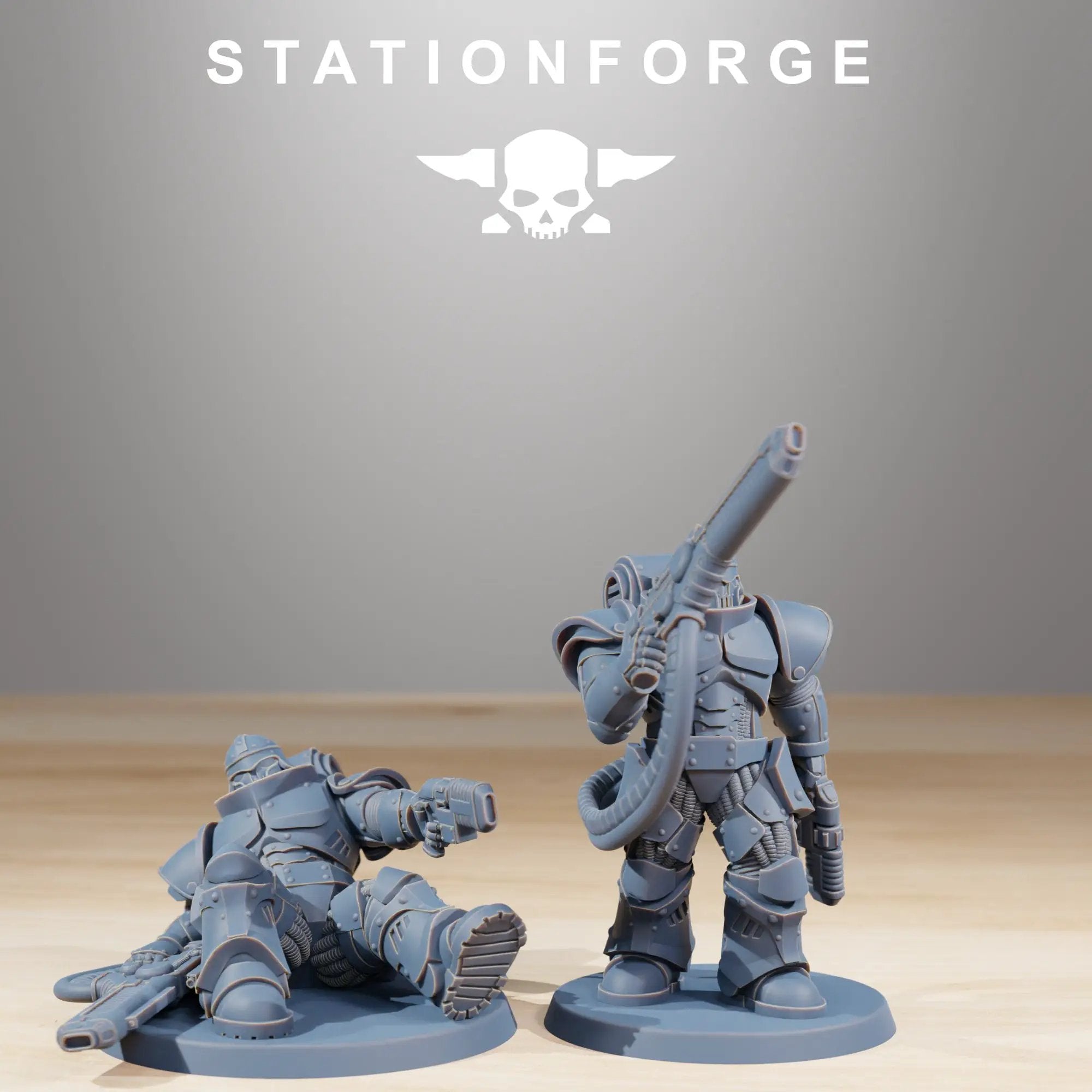 Three 3D printed Socratis Exterminators miniatures by Last Hope Miniatures, featuring detailed sci-fi soldier figures from StationForge.