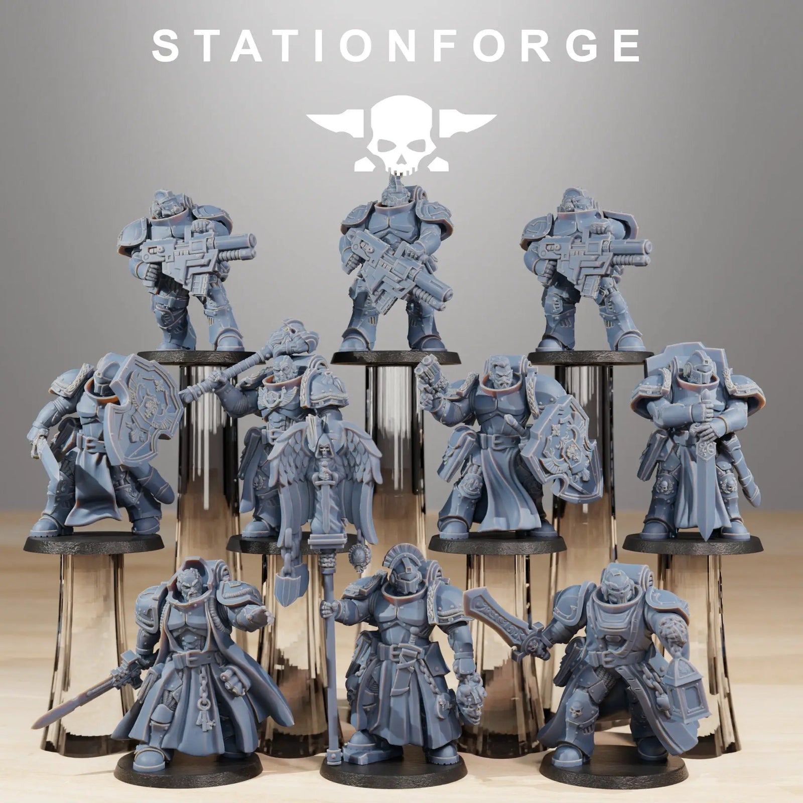 3D printed Socratis Knights miniature by StationForge Miniatures, detailed fantasy figures with armored knights in a dynamic pose.