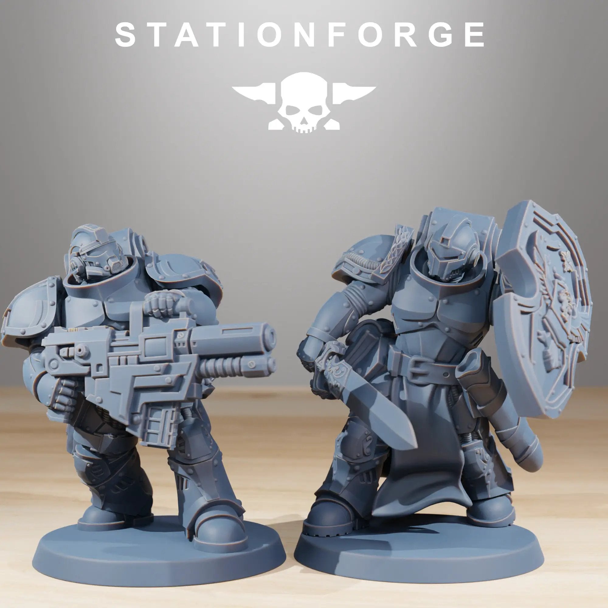 3D printed Socratis Knights miniatures by StationForge Miniatures, detailed figures with armor and weaponry, from Last Hope Miniatures.