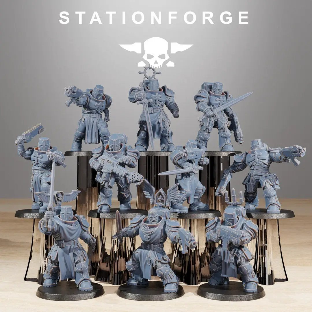 Set of ten 3D printed Socratis Zealots miniatures by Last Hope Miniatures for StationForge, showing detailed warrior figures on a white background.