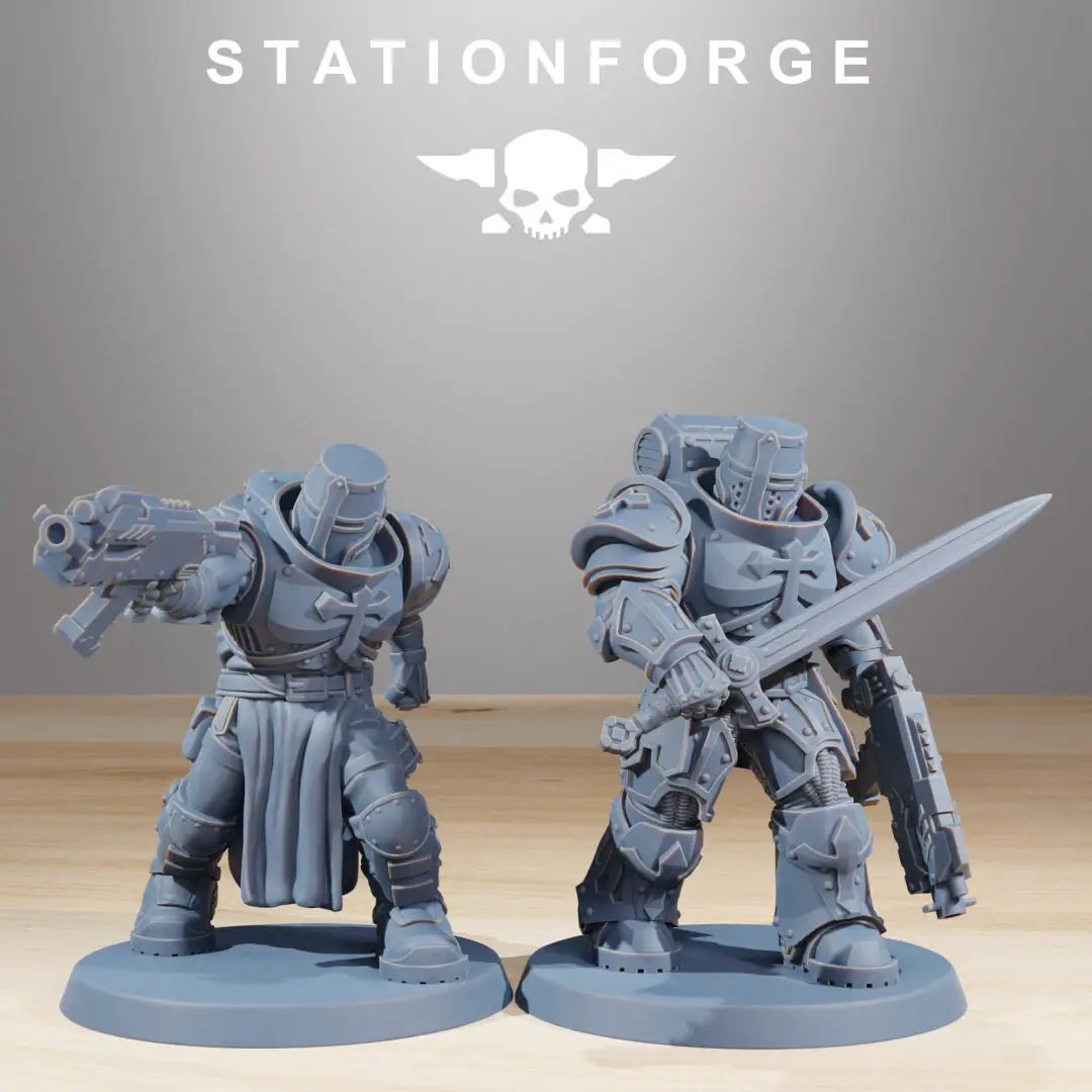 Three 3D printed Socratis Zealots miniatures by StationForge for Last Hope Miniatures, detailed with armor and weapons.