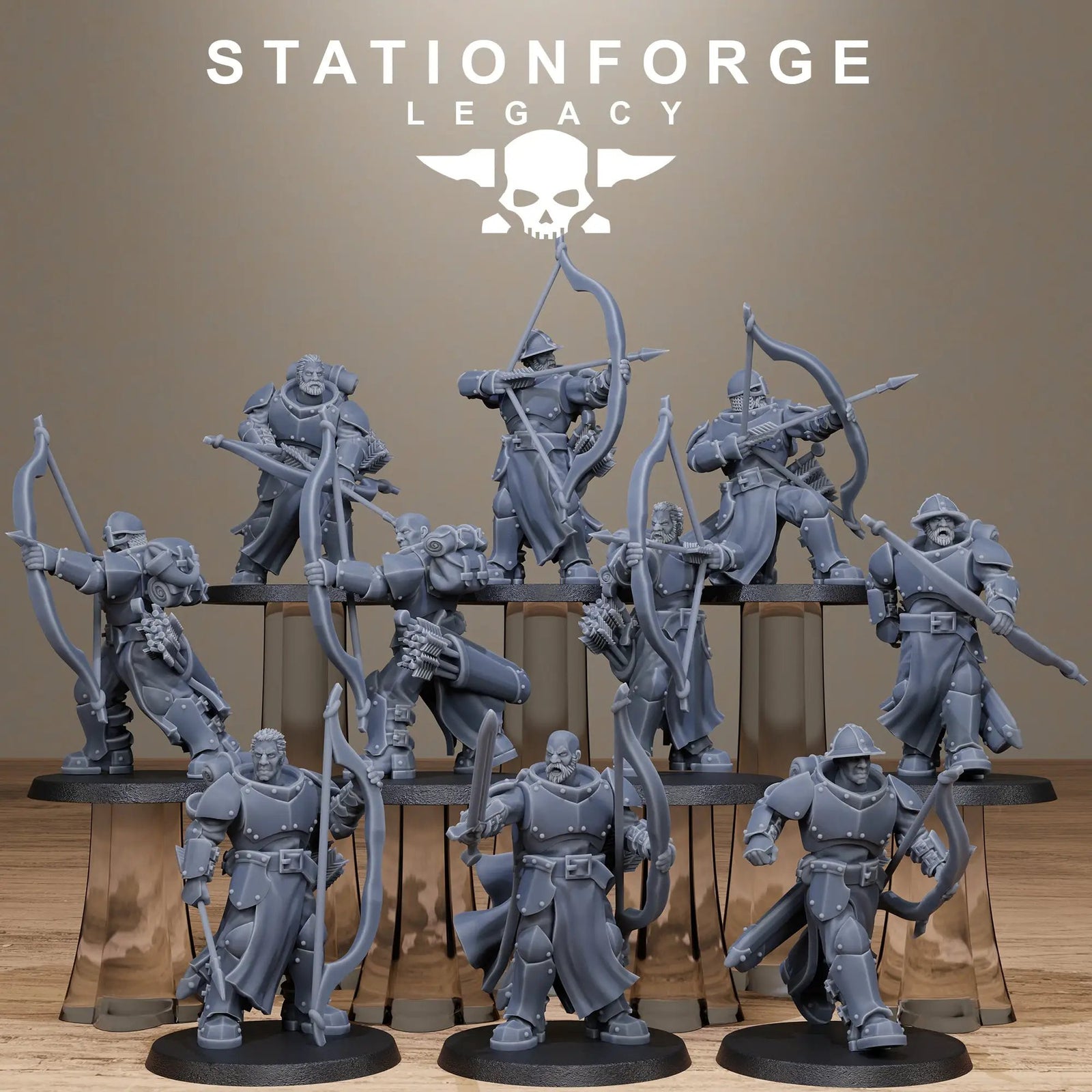 3D printed Solaris Archers miniature by Stationforge Miniatures, painted details from Last Hope Miniatures, featuring elves with bows.