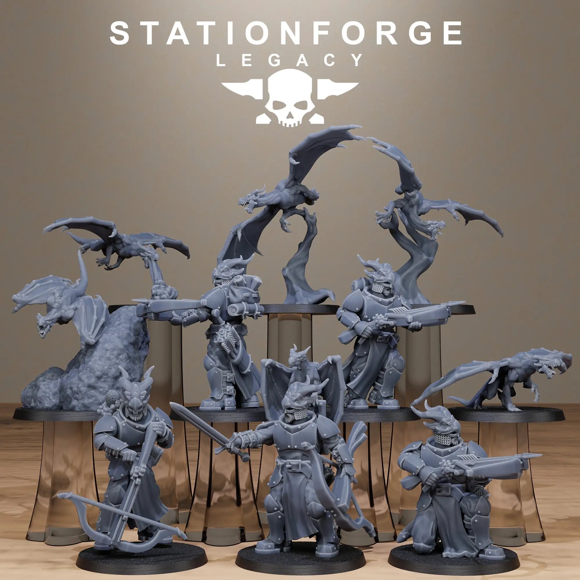 3D printed Solaris Dragon Squad miniatures by StationForge for Last Hope Miniatures, detailed fantasy dragon figures.