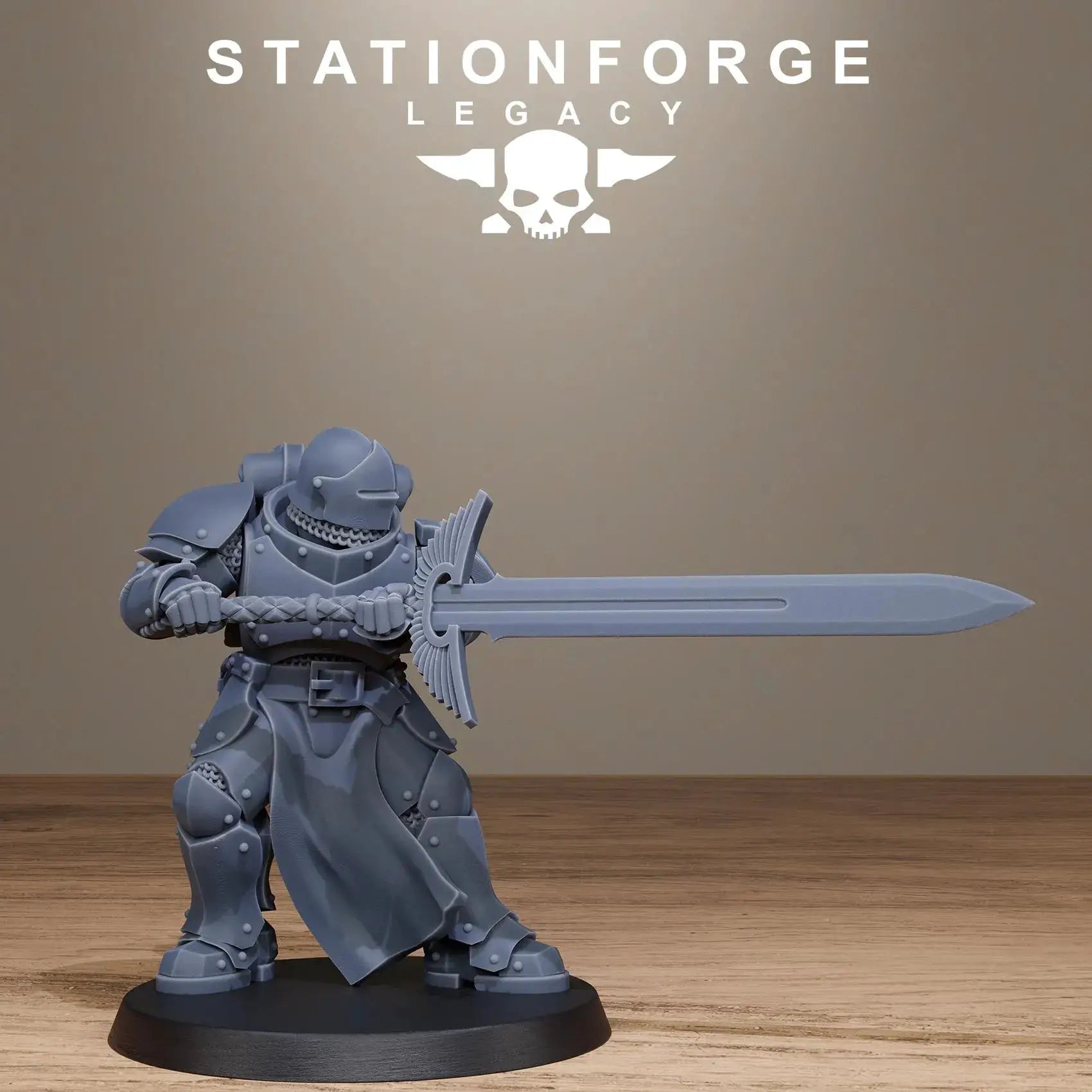 3D printed Solaris Greatswordsmen miniatures by Stationforge Miniatures, displayed on a tabletop with detailed armor and weapons