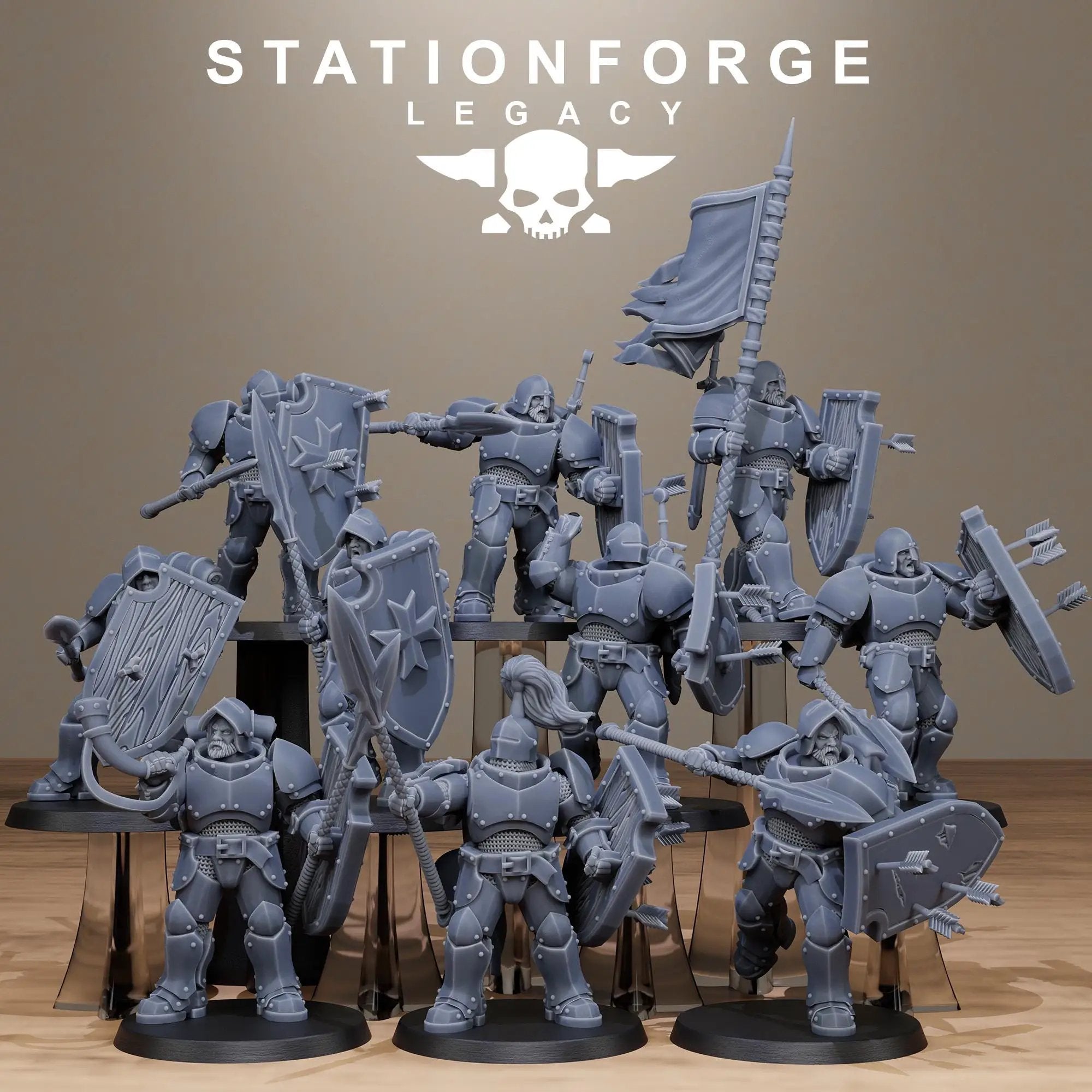 Ten 3D printed Solaris Spearmen miniatures by StationForge Miniatures for Last Hope Miniatures, showing detailed spear-wielding figures.