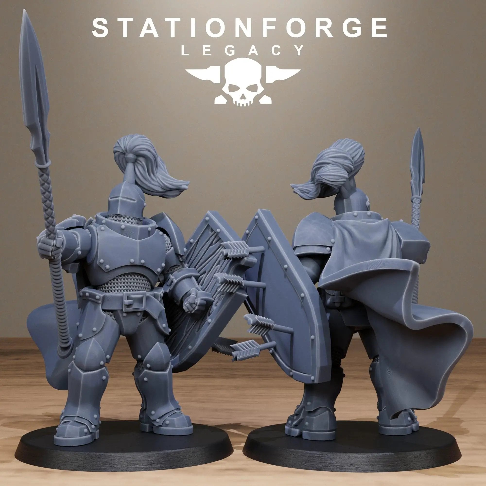 Ten 3D printed Solaris Spearmen miniatures by StationForge Miniatures for Last Hope Miniatures, featuring detailed medieval soldier figures.