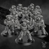 3D printed Space Knight Pulsarum Squad by DakkaDakka Miniatures, featuring detailed armored figures in a sci-fi setting.