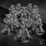 3D printed Space Knight Pulsarum Squad by DakkaDakka Miniatures, featuring detailed armored figures in a sci-fi setting.