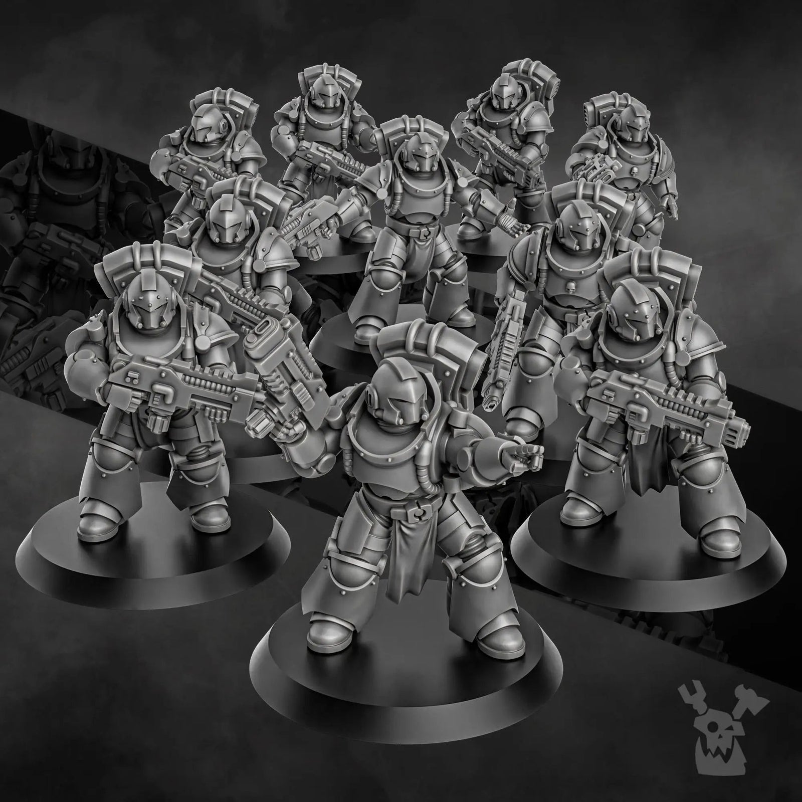 3D printed Space Knight Pulsarum Squad by DakkaDakka Miniatures, featuring detailed armored figures in a sci-fi setting.