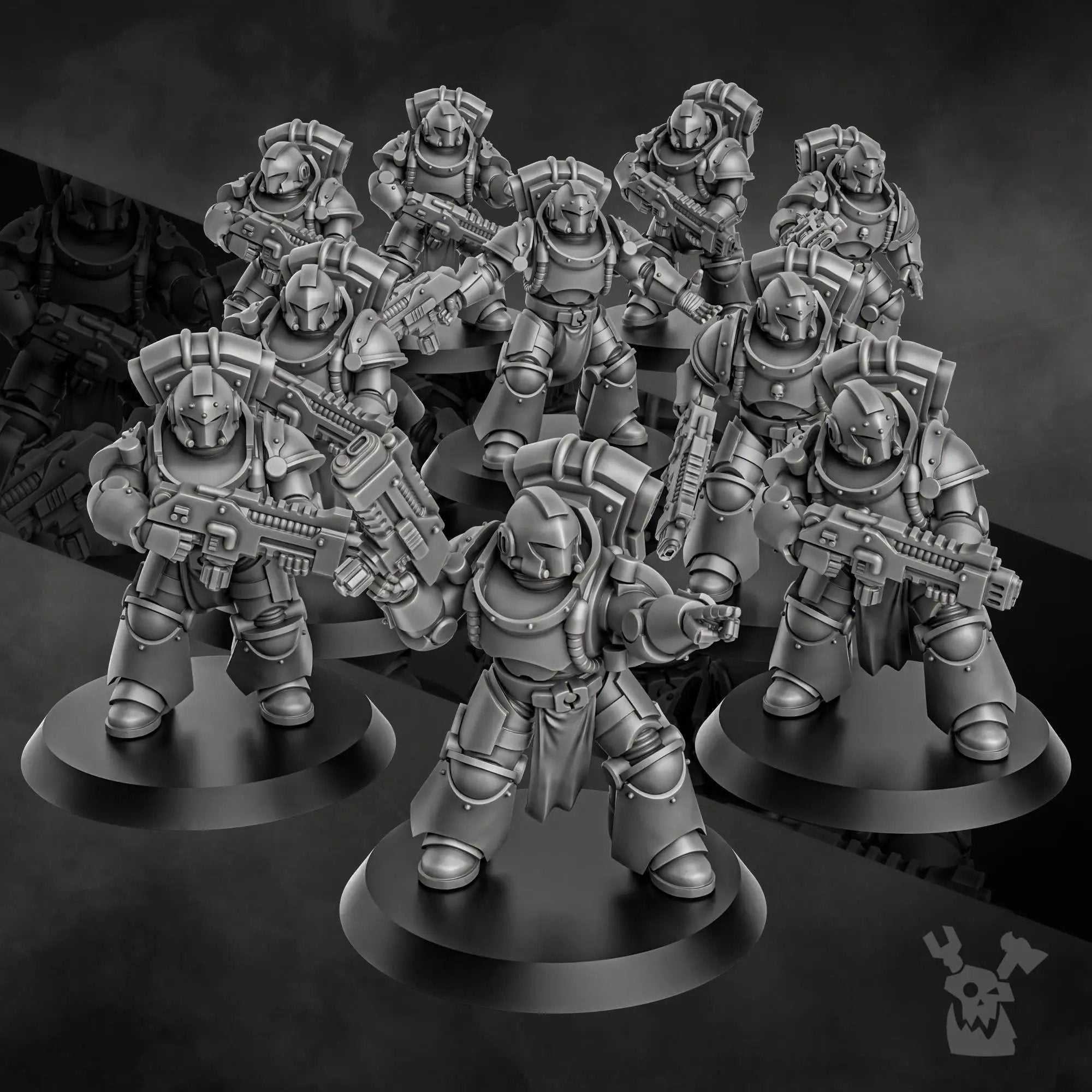 3D printed Space Knight Pulsarum Squad by DakkaDakka Miniatures, featuring detailed armored figures in a sci-fi setting.