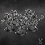 3D printed Space Knight Storm Squad with jetpacks by DakkaDakka Miniatures, featuring armored figures in space combat gear.