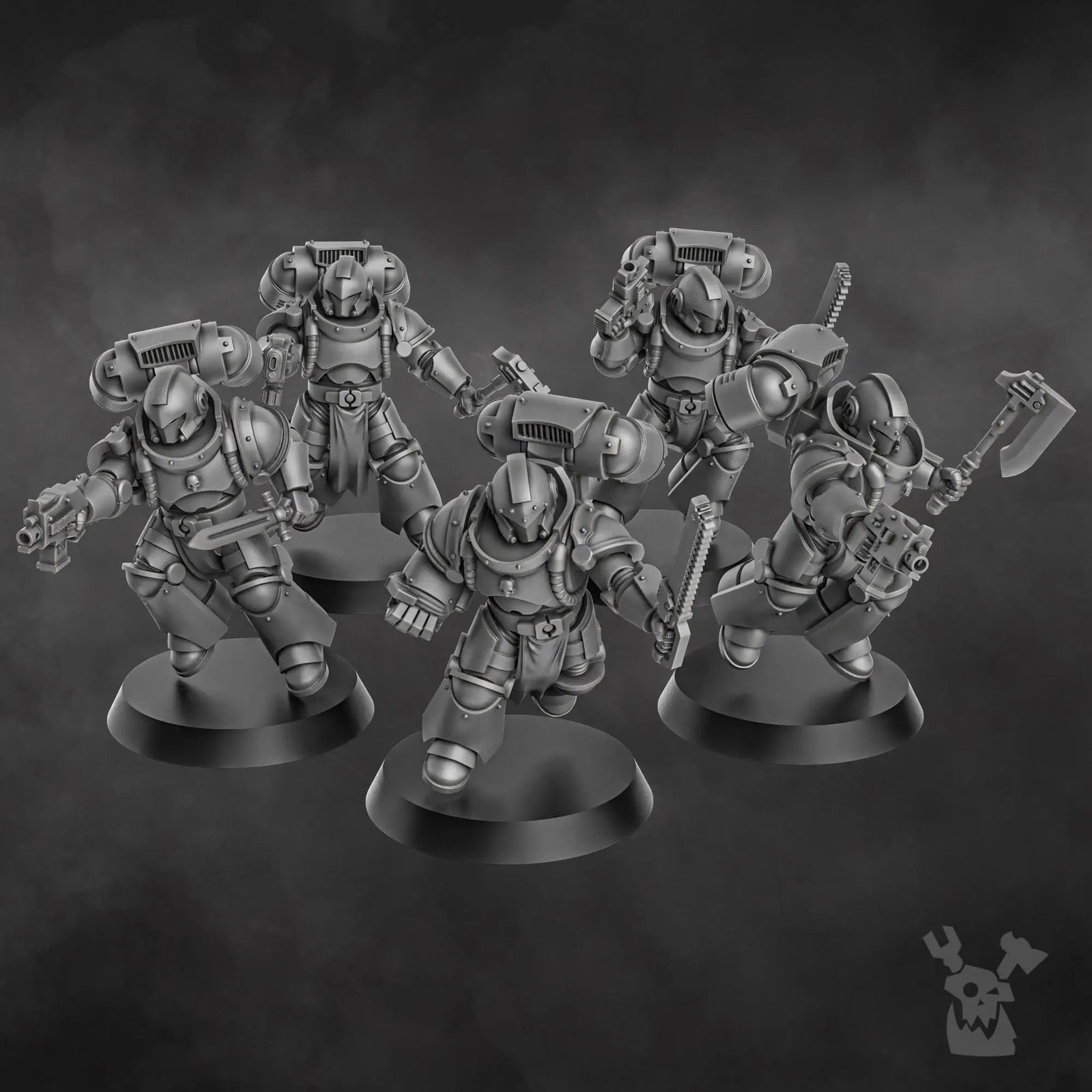 3D printed Space Knight Storm Squad with jetpacks by DakkaDakka Miniatures, featuring armored figures in space combat gear.