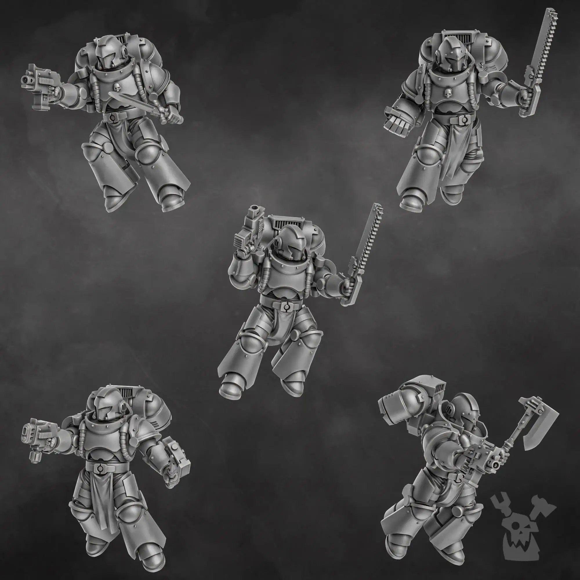 3D printed Space Knight Storm Squad with jetpacks by DakkaDakka Miniatures, featuring armored figures with futuristic weaponry.