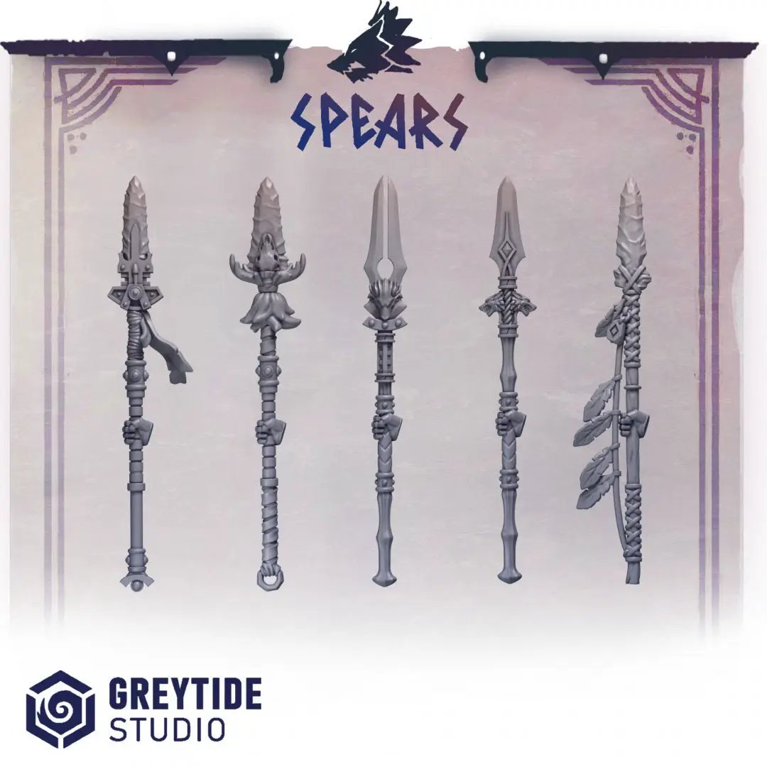 Set of ten 3D printed Spears by Last Hope Miniatures for tabletop gaming, displayed in a detailed view.