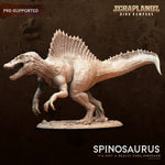 3D printed Spinosaurus miniature by Dark Gods Miniatures, detailed dinosaur model with textured surface and dynamic pose.