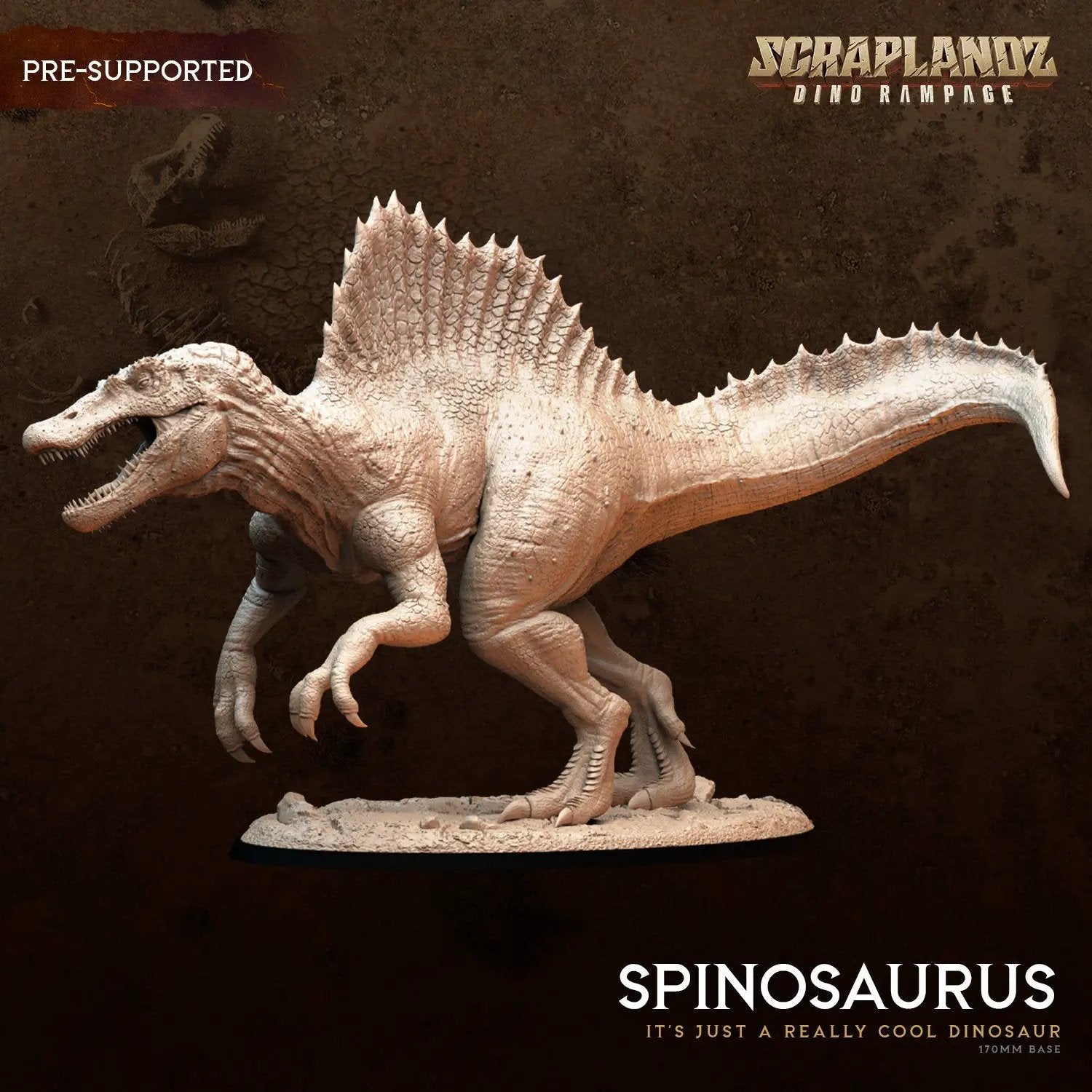 3D printed Spinosaurus miniature by Dark Gods Miniatures, detailed dinosaur model with textured surface and dynamic pose.