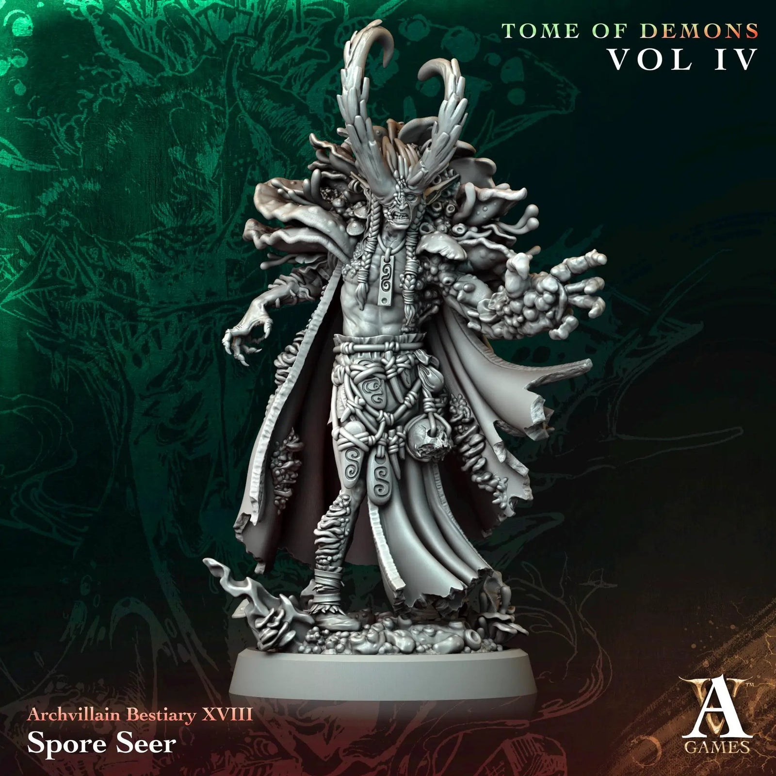 3D printed Spore Seer miniature by Last Hope Miniatures for Archvillain Games, showcasing detailed alien creature with vibrant colors.
