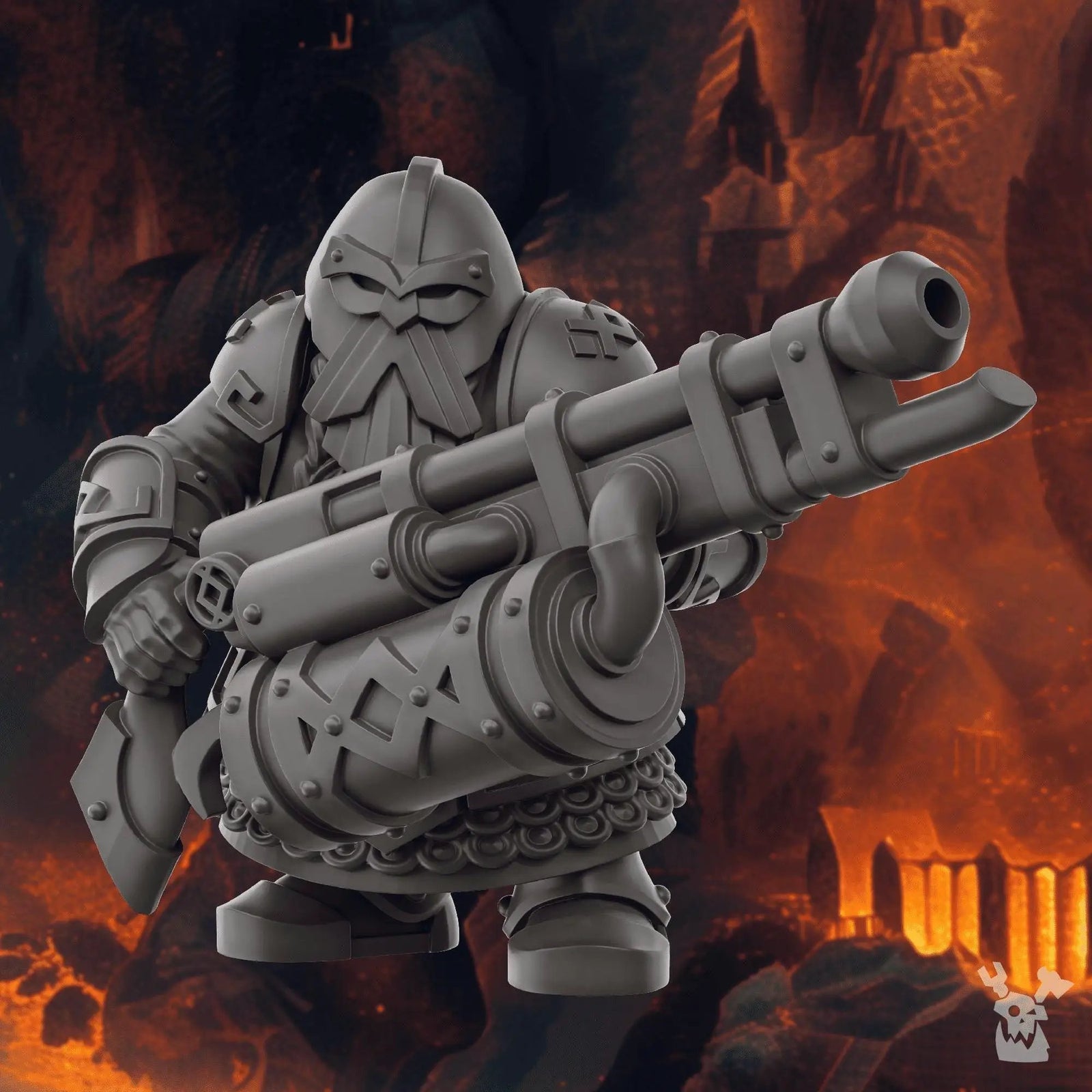 3D printed Steelhill Dwarf Gunner miniature by Last Hope Miniatures, showing detailed dwarf figure with gun in armor.
