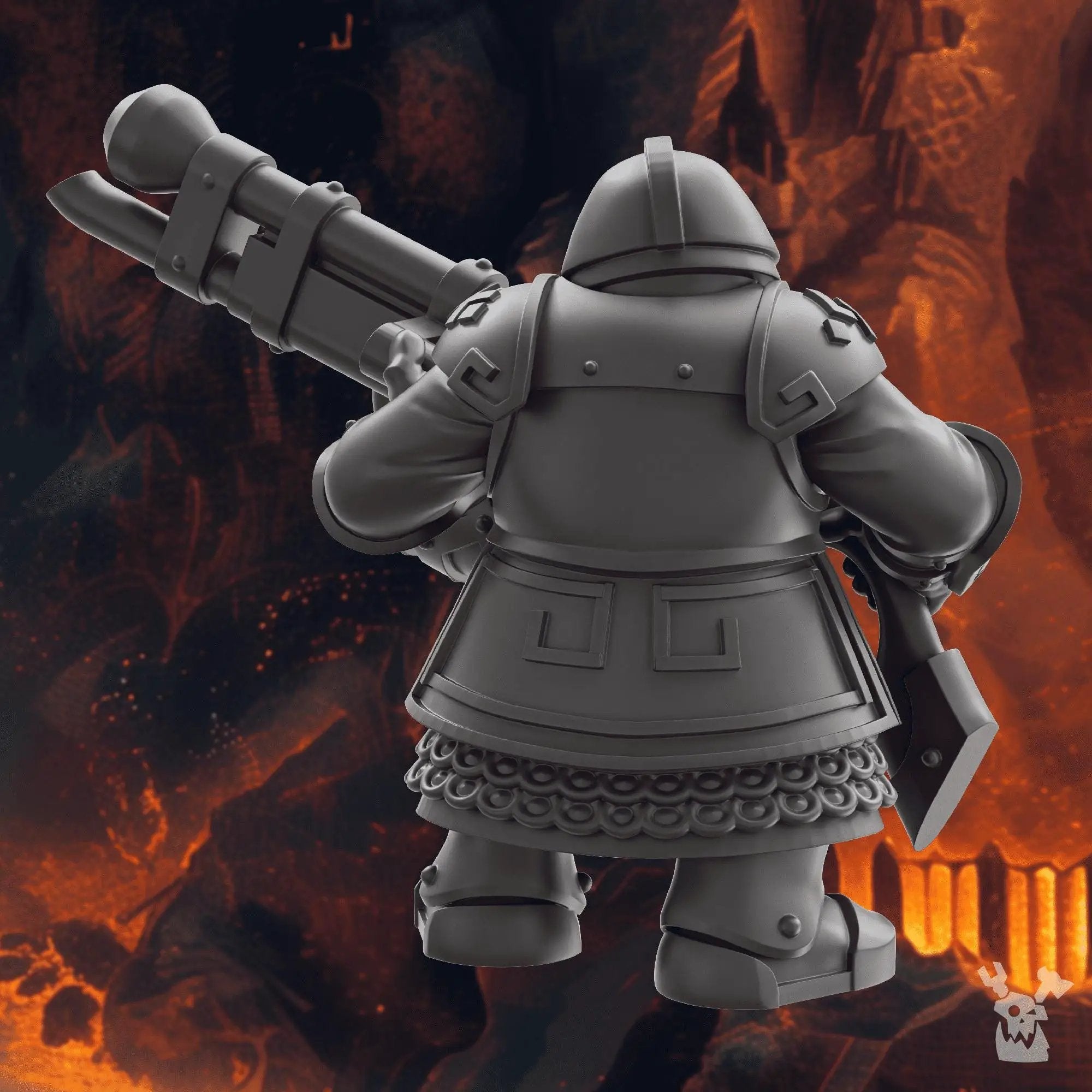 3D printed Steelhill Dwarf Gunner miniature by DakkaDakka Miniatures, branded Last Hope Miniatures, showing detailed dwarf figure with weapon.
