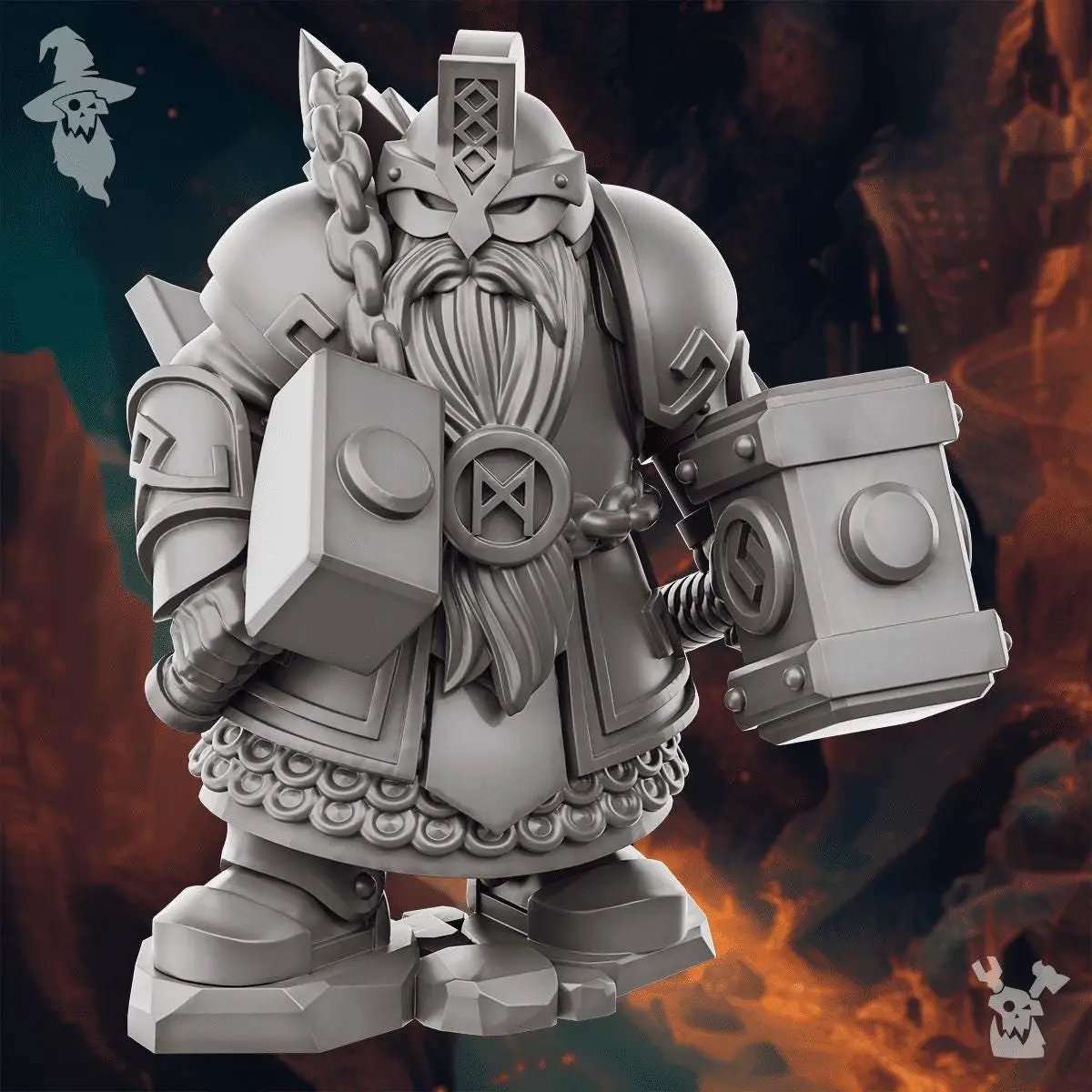 3D printed Steelhill Rune Smith miniature by DakkaDakka Miniatures for Last Hope Miniatures, shown in detailed view.