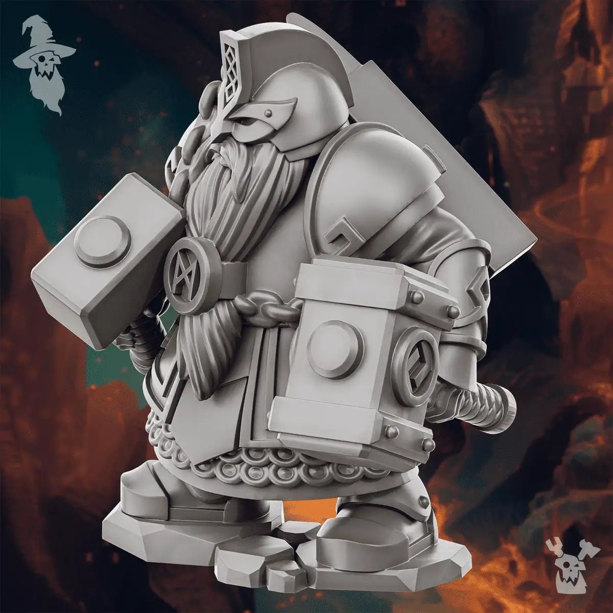 3D printed Steelhill Rune Smith miniature by DakkaDakka Miniatures, detailed figure with intricate armor and rune designs.